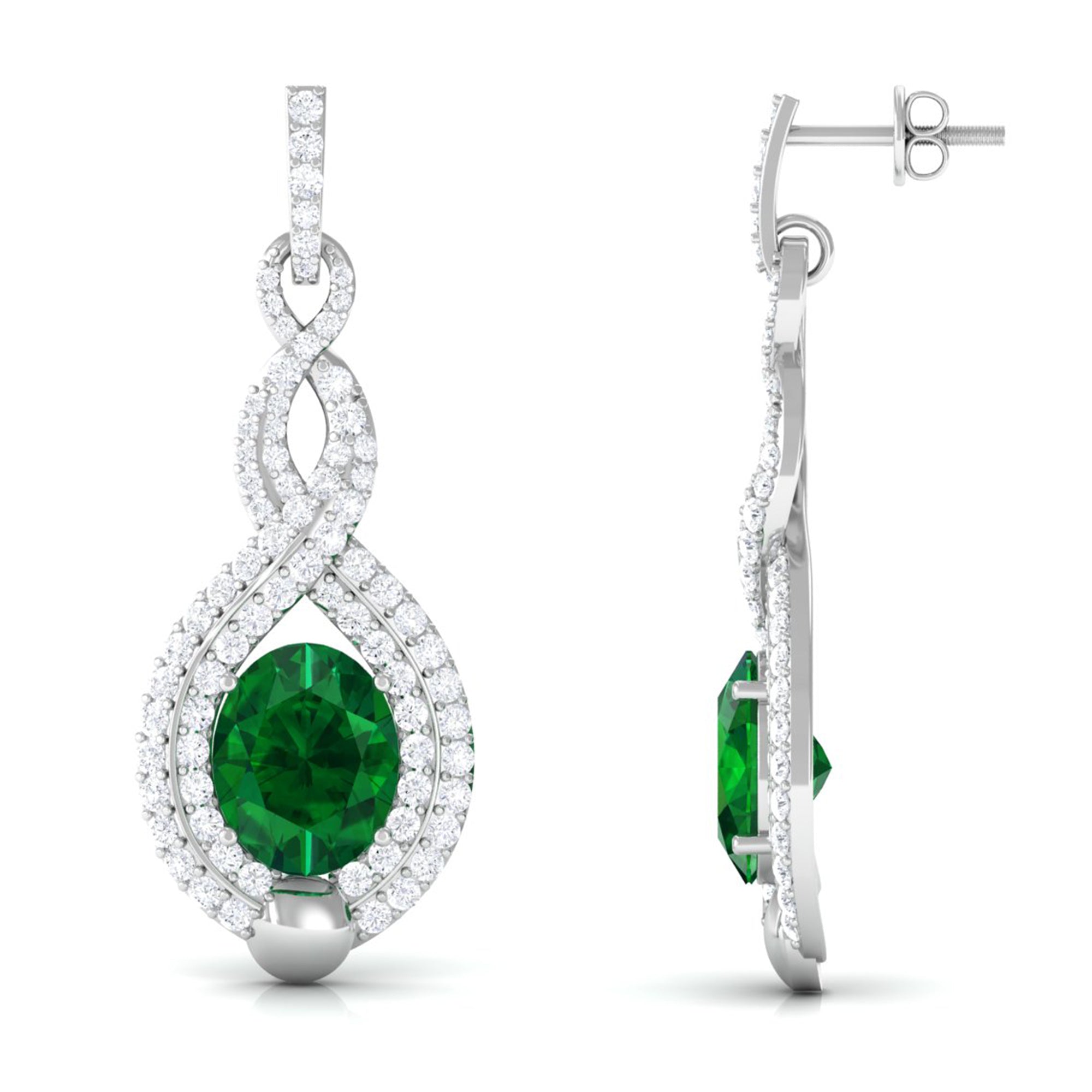 Vibrant Grown Labs-Oval Lab Created Emerald Infinity Drop Earrings with Diamond Accent