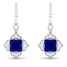 Vibrant Grown Labs-Lab Grown Blue Sapphire Floral Inspired Drop Earrings with Diamond