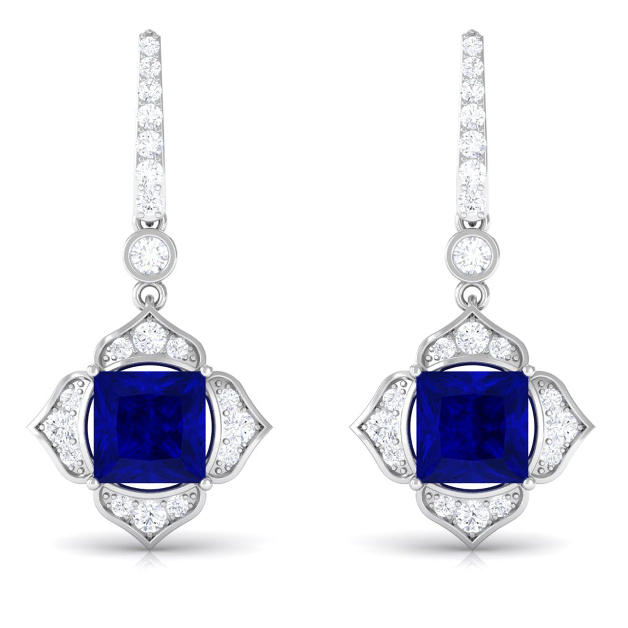 Vibrant Grown Labs-Lab Grown Blue Sapphire Floral Inspired Drop Earrings with Diamond