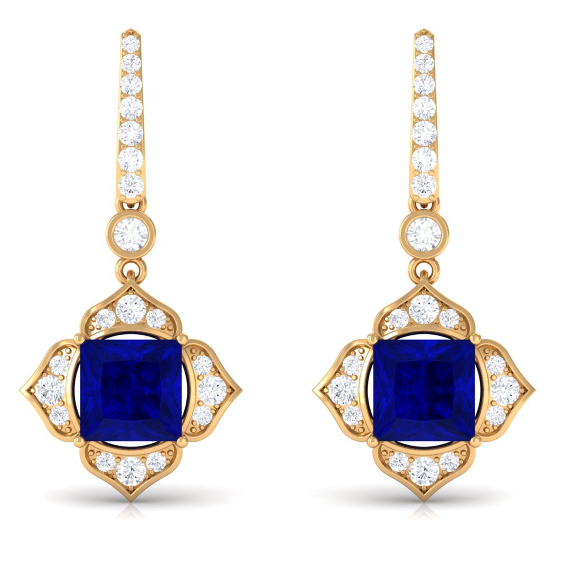 Vibrant Grown Labs-Lab Grown Blue Sapphire Floral Inspired Drop Earrings with Diamond