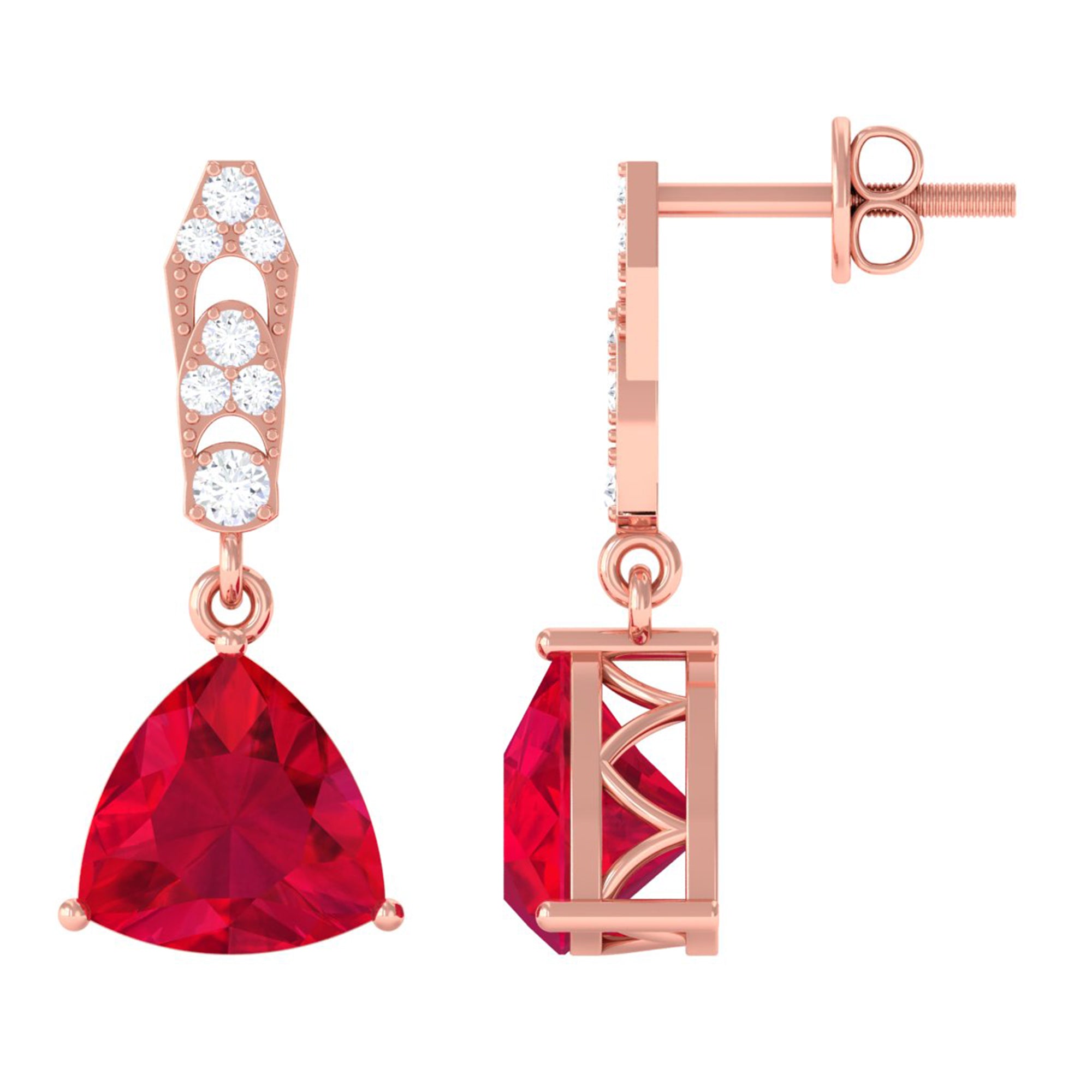 Vibrant Grown Labs-Trilliant Cut Created Ruby Drop Earrings with Diamond