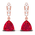 Vibrant Grown Labs-Trilliant Cut Created Ruby Drop Earrings with Diamond