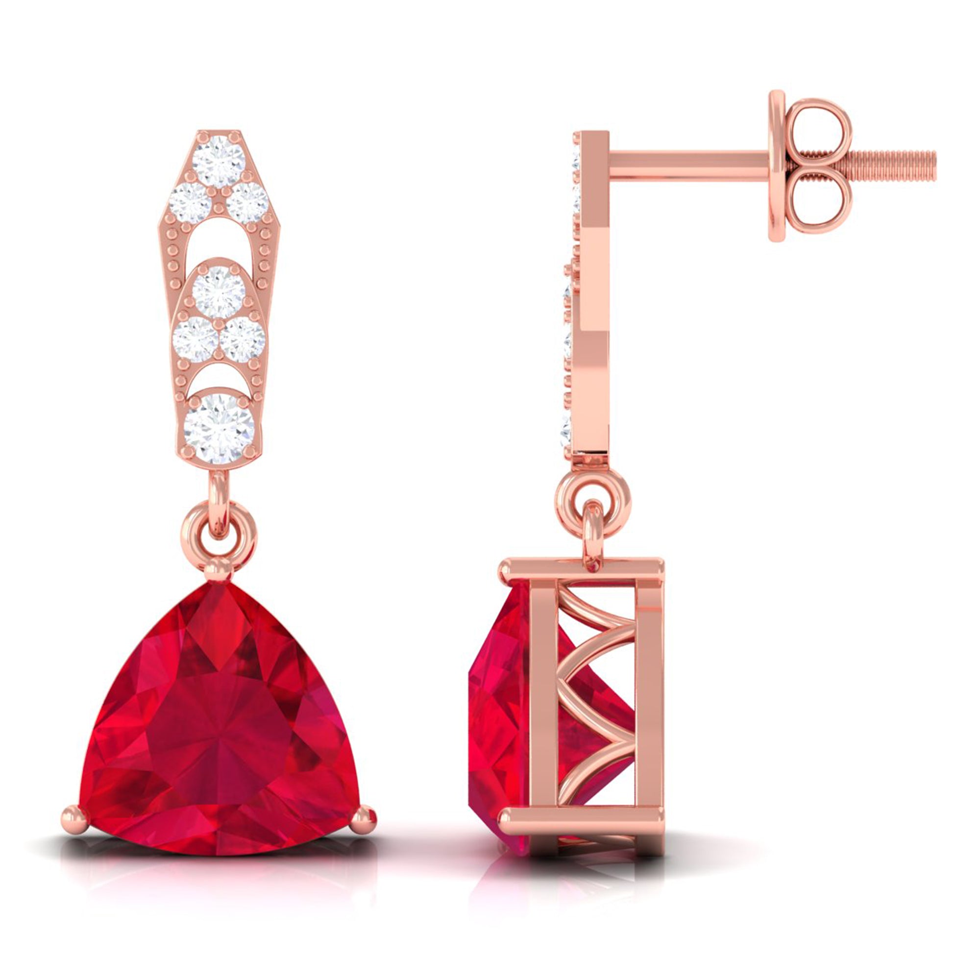 Vibrant Grown Labs-Trilliant Cut Created Ruby Drop Earrings with Diamond