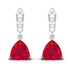 Vibrant Grown Labs-Trilliant Cut Created Ruby Drop Earrings with Diamond