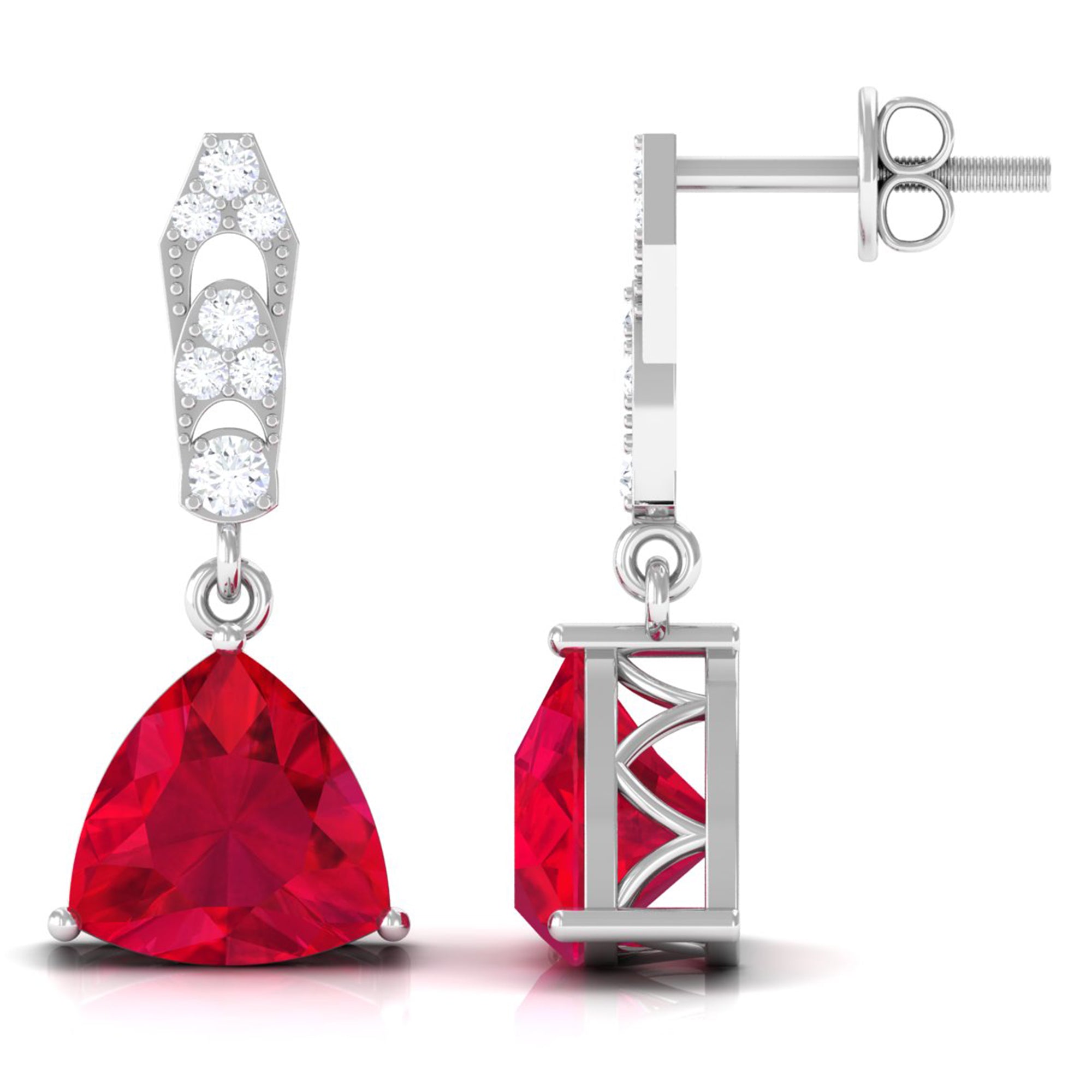 Vibrant Grown Labs-Trilliant Cut Created Ruby Drop Earrings with Diamond