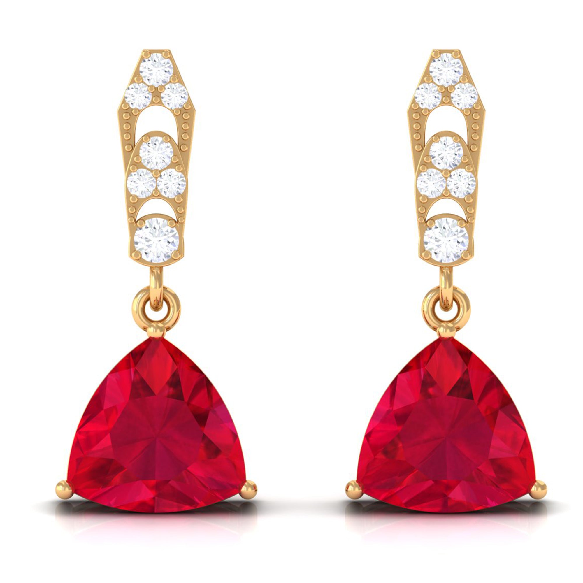 Vibrant Grown Labs-Trilliant Cut Created Ruby Drop Earrings with Diamond