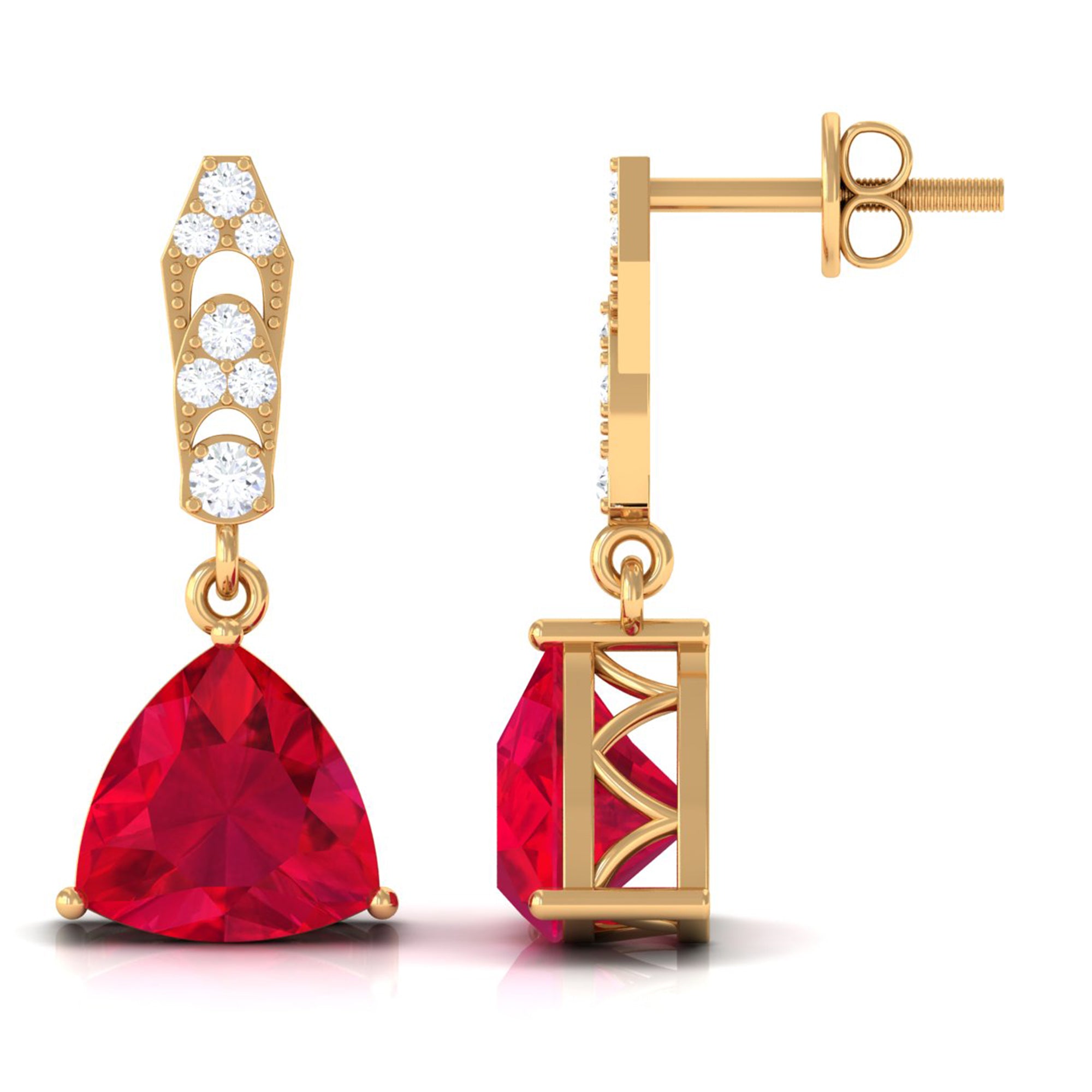 Vibrant Grown Labs-Trilliant Cut Created Ruby Drop Earrings with Diamond