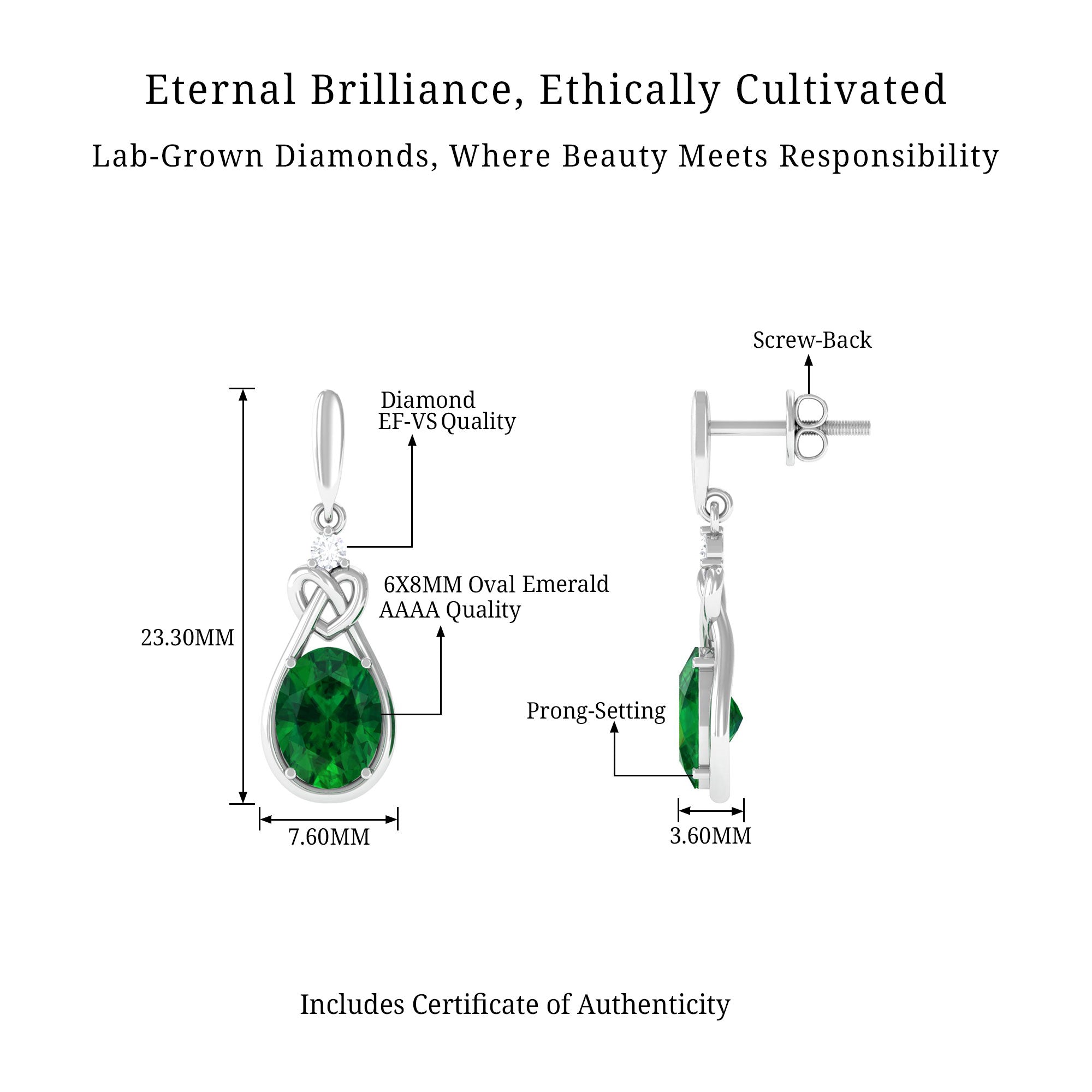 Vibrant Grown Labs-Oval Lab Created Emerald Love Knot Dangle Earrings