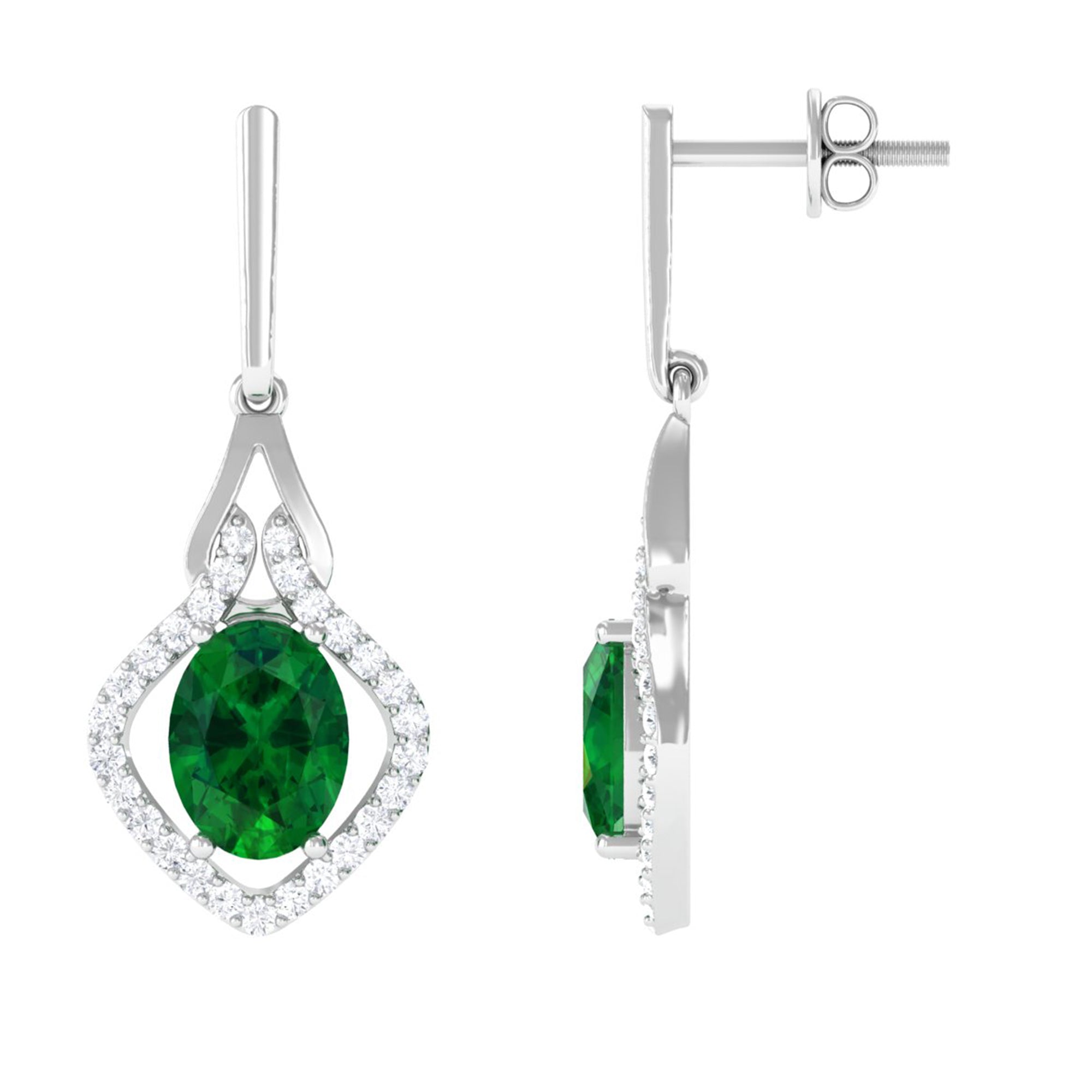 Vibrant Grown Labs-Created Emerald Minimal Drop Earrings with Diamond Accent