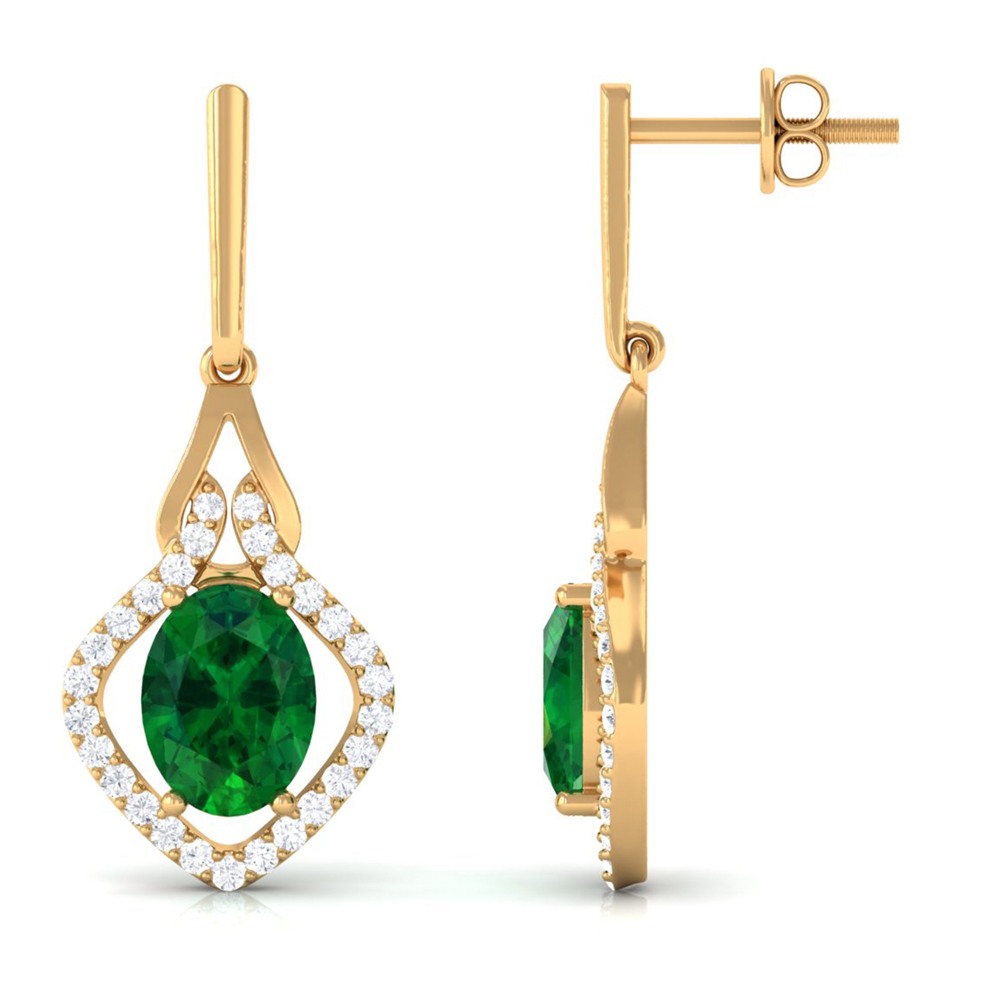 Vibrant Grown Labs-Created Emerald Minimal Drop Earrings with Diamond Accent