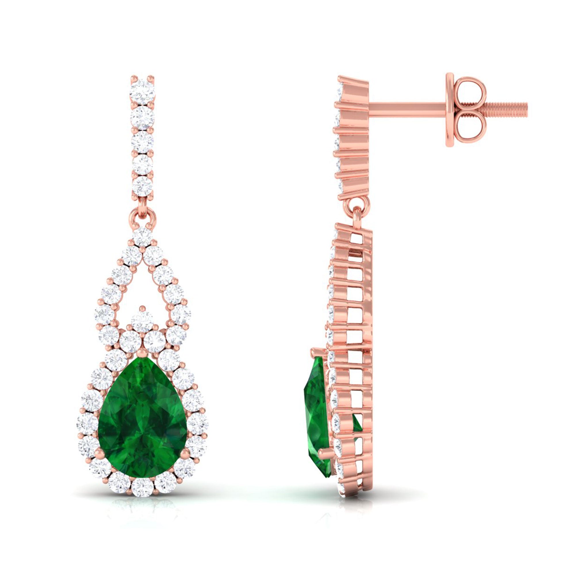 Vibrant Grown Labs-Pear Shape Created Emerald Drop Earrings with Accent