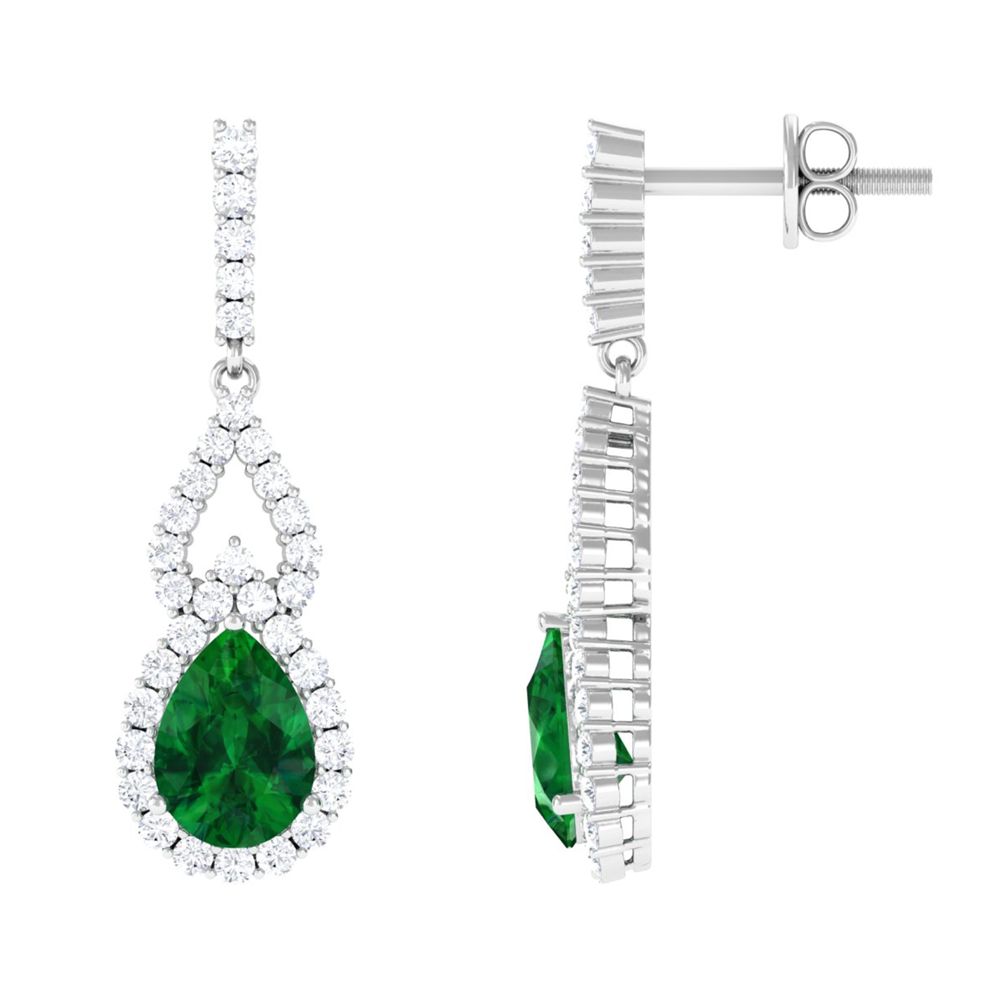 Vibrant Grown Labs-Pear Shape Created Emerald Drop Earrings with Accent