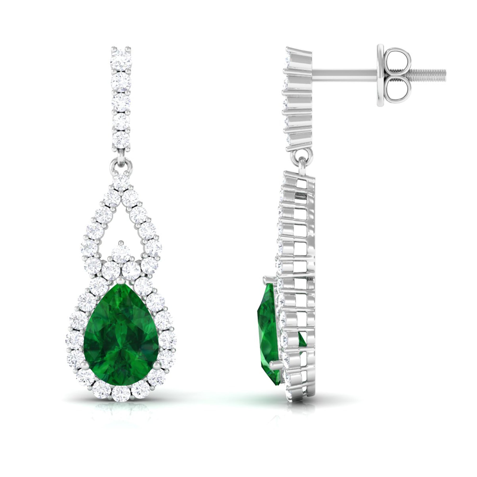 Vibrant Grown Labs-Pear Shape Created Emerald Drop Earrings with Accent