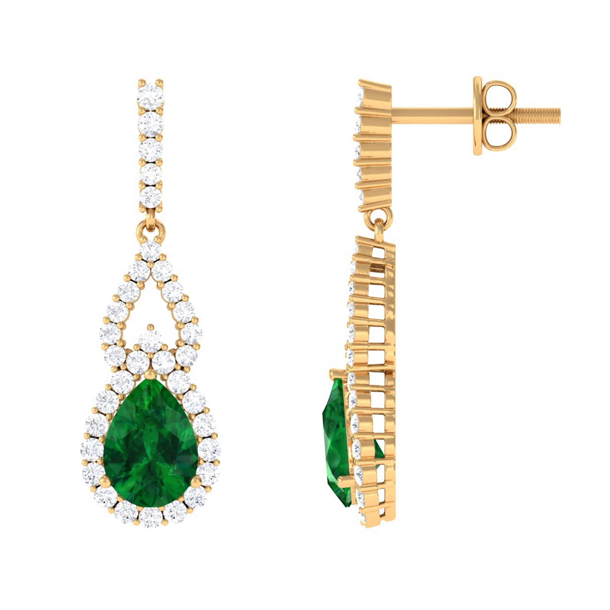 Vibrant Grown Labs-Pear Shape Created Emerald Drop Earrings with Accent