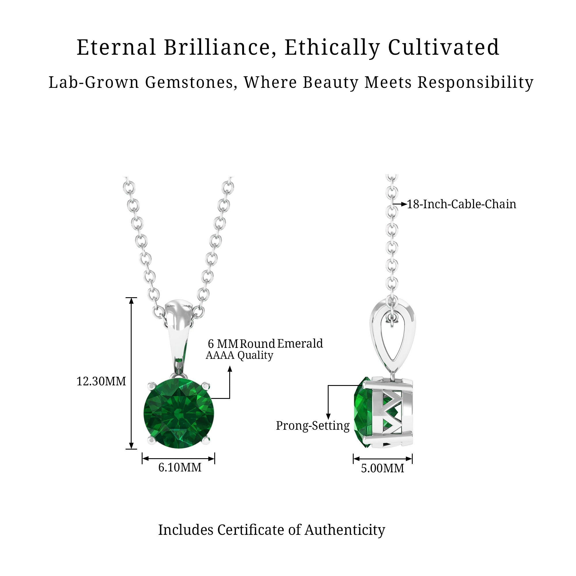 Vibrant Grown Labs-Round Lab Grown Emerald Solitaire Pendant Necklace