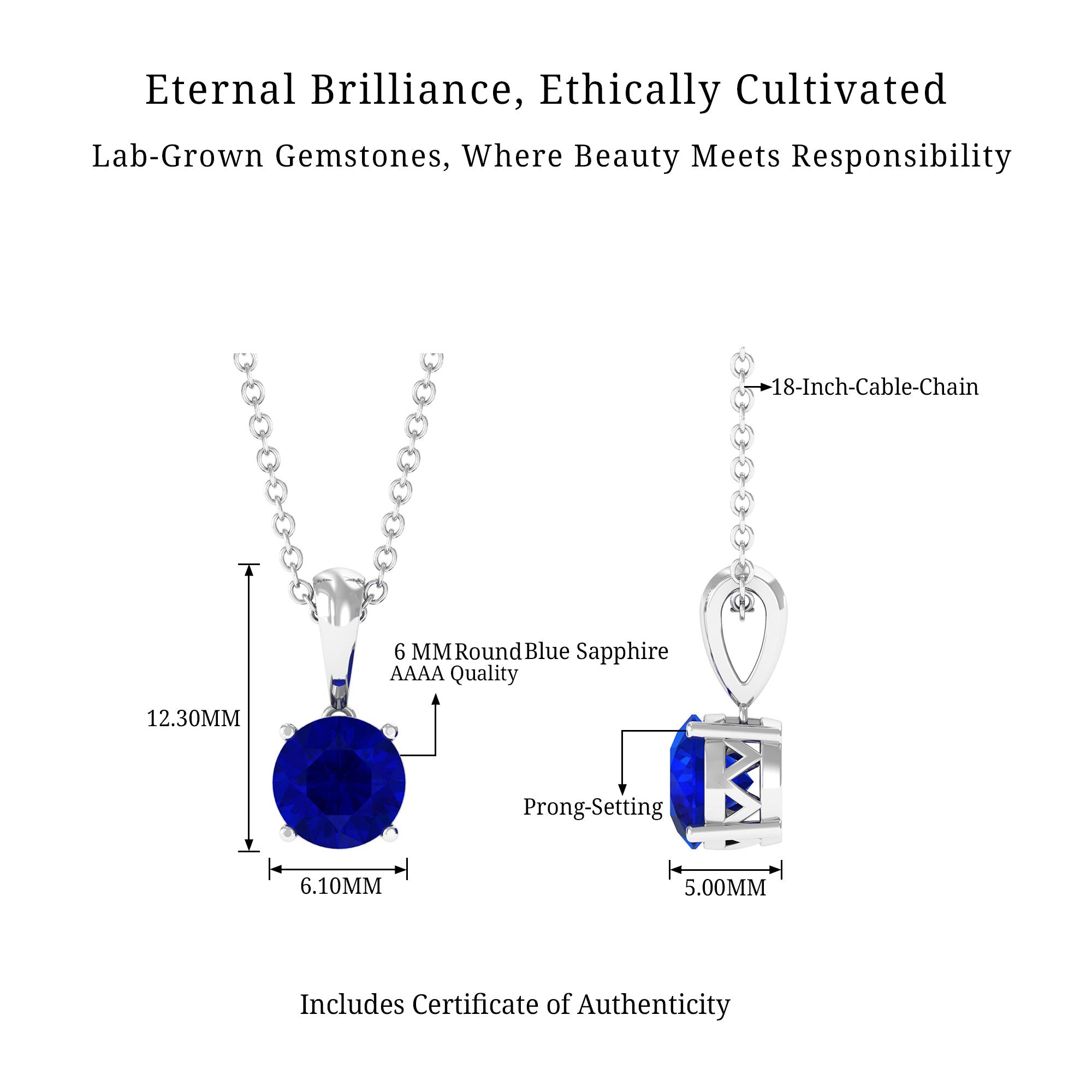 Vibrant Grown Labs-Round Lab Grown Blue Sapphire Solitaire Pendant Necklace