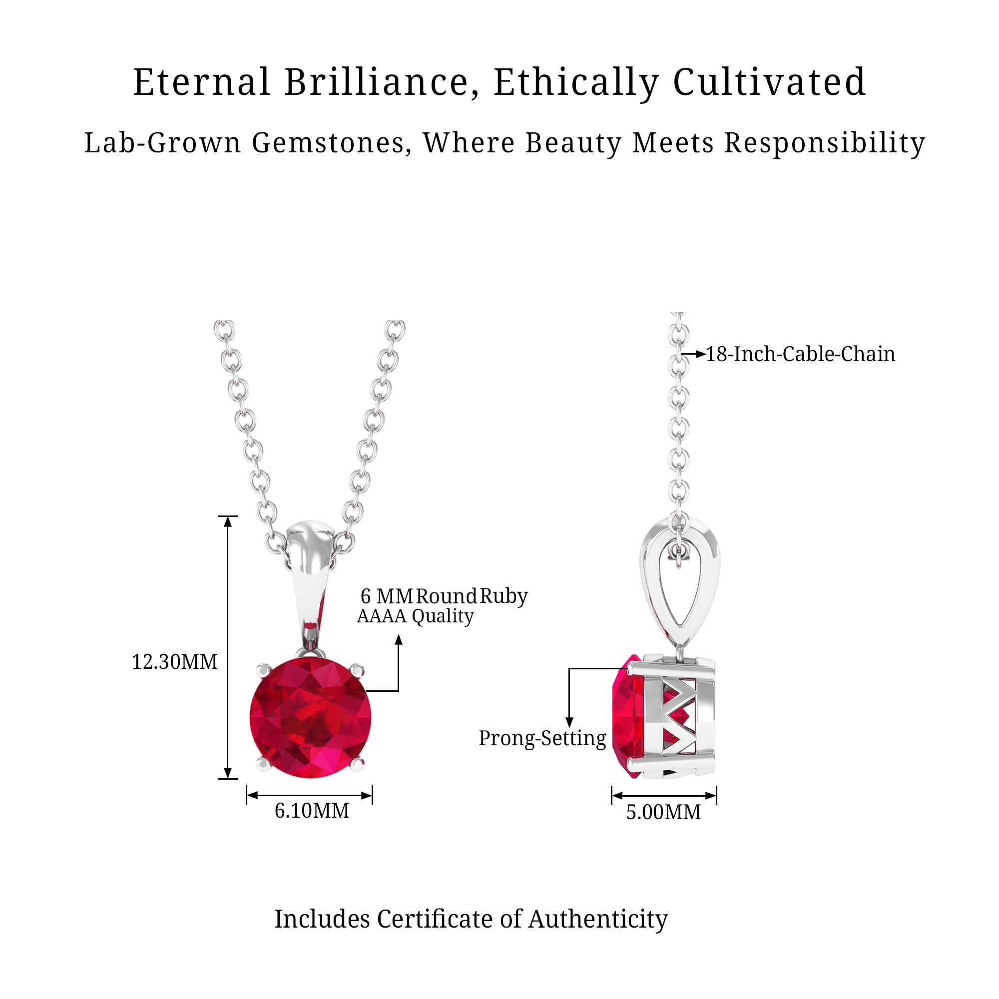 Vibrant Grown Labs-Round Solitaire Pendant Necklace With Round Lab Grown Ruby