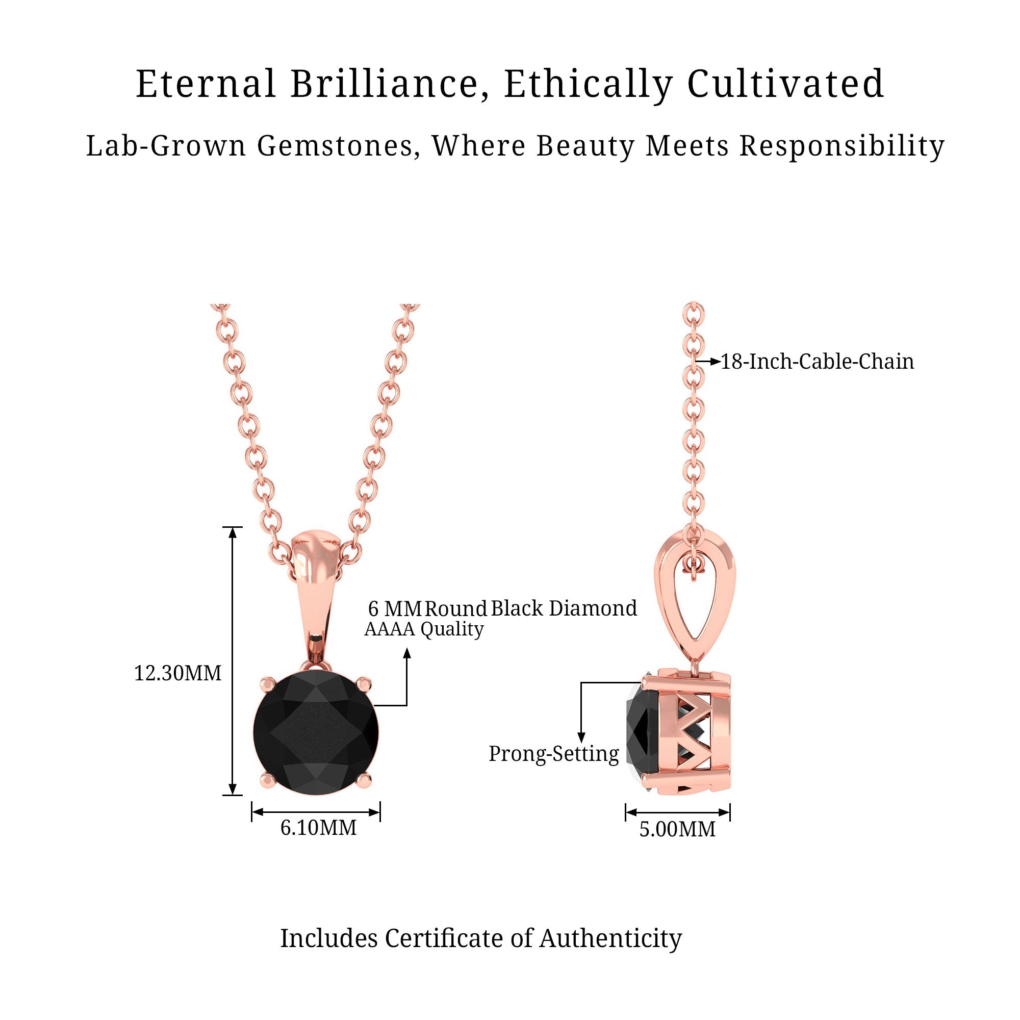 Vibrant Grown Labs-Round Shape Lab Grown Black Diamond Solitaire Pendant Necklace