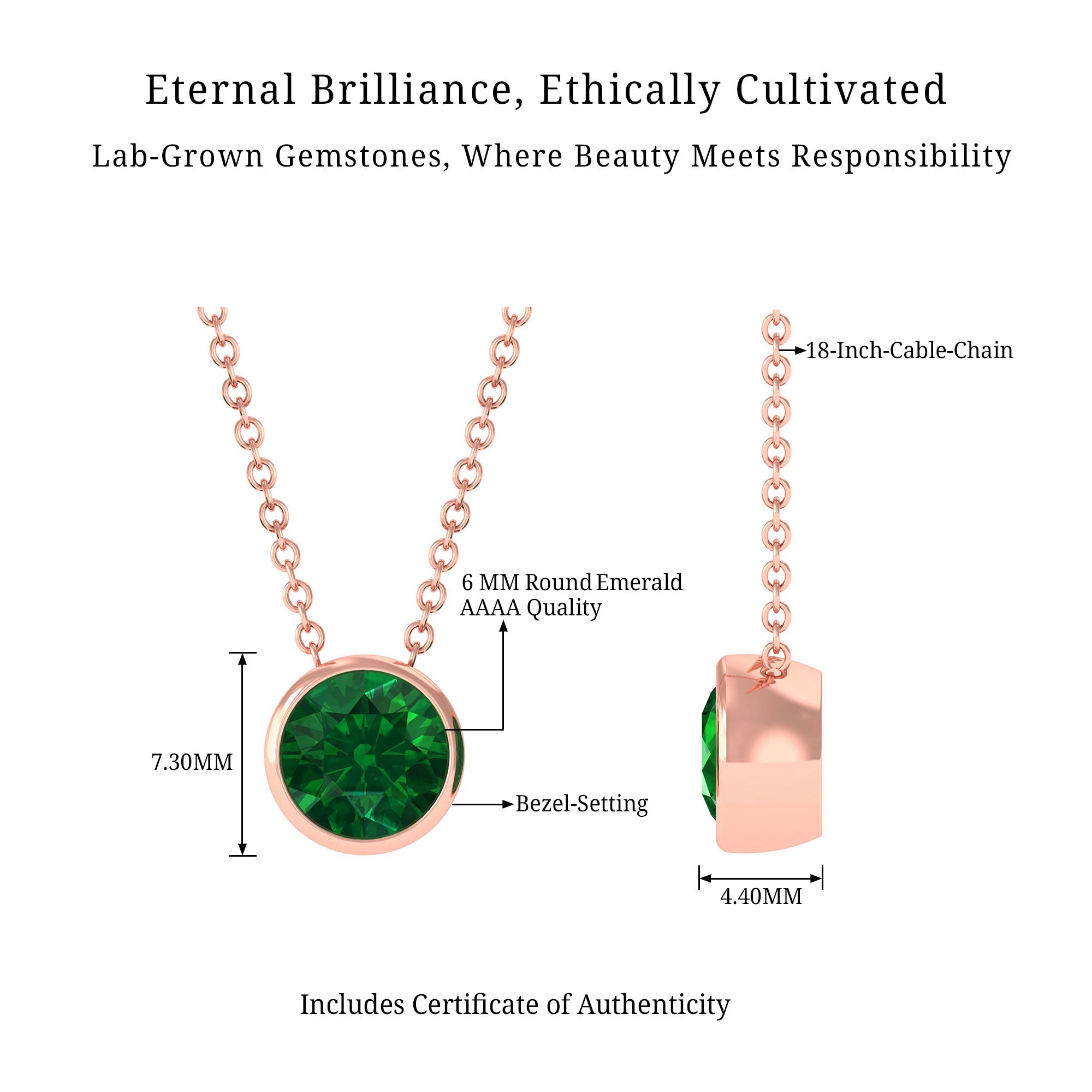 Vibrant Grown Labs-Bezel Set Lab Grown Emerald Solitaire Pendant Necklace