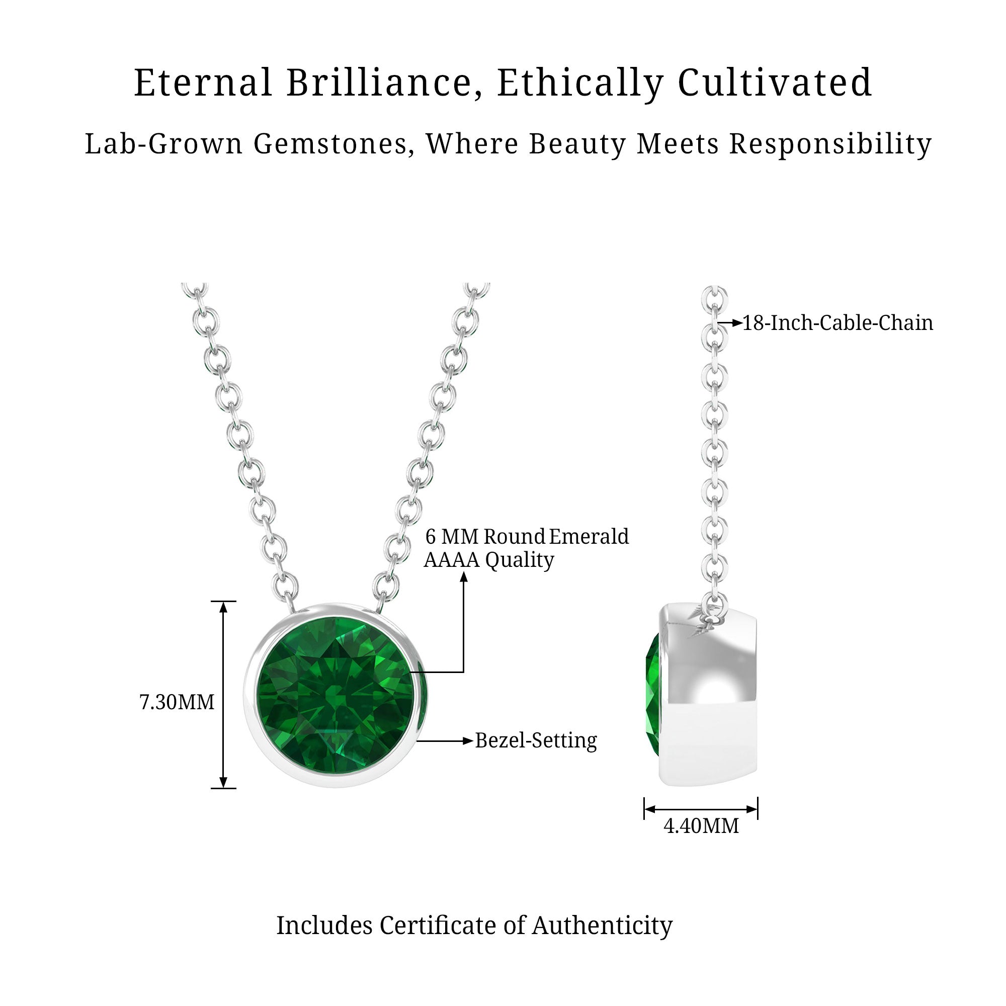 Vibrant Grown Labs-Bezel Set Lab Grown Emerald Solitaire Pendant Necklace