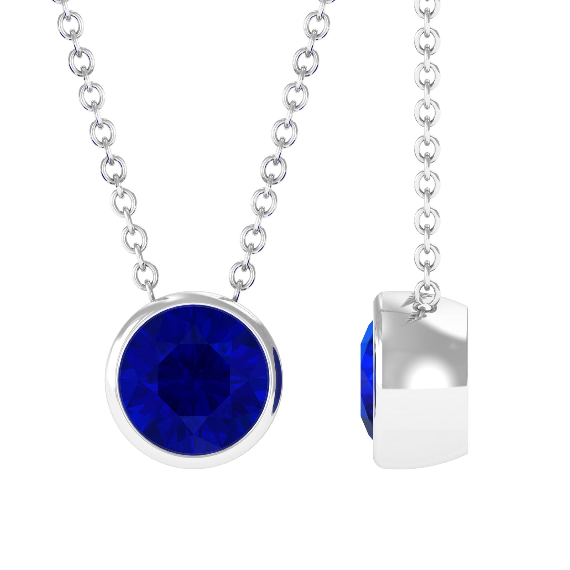 Vibrant Grown Labs-Bezel Set Lab Grown Blue Sapphire Pendant Necklace