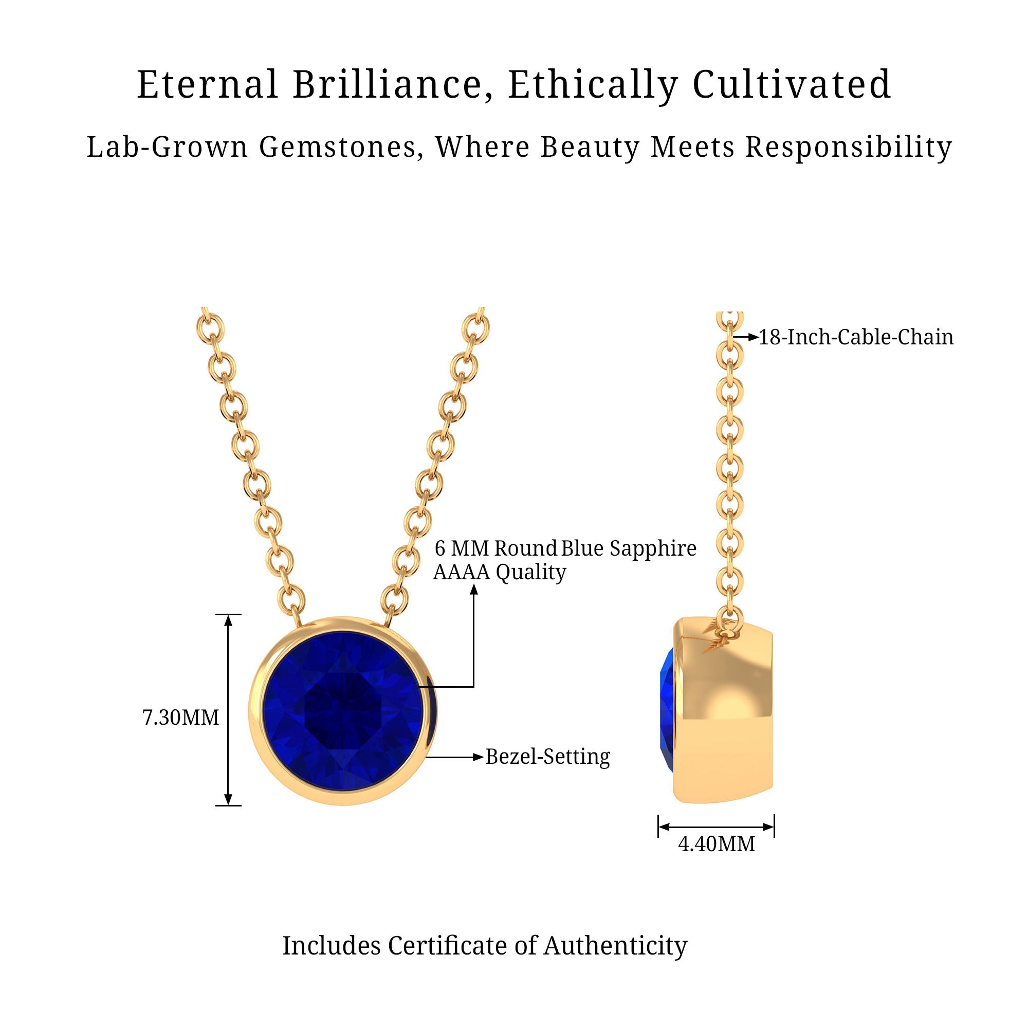 Vibrant Grown Labs-Bezel Set Lab Grown Blue Sapphire Pendant Necklace