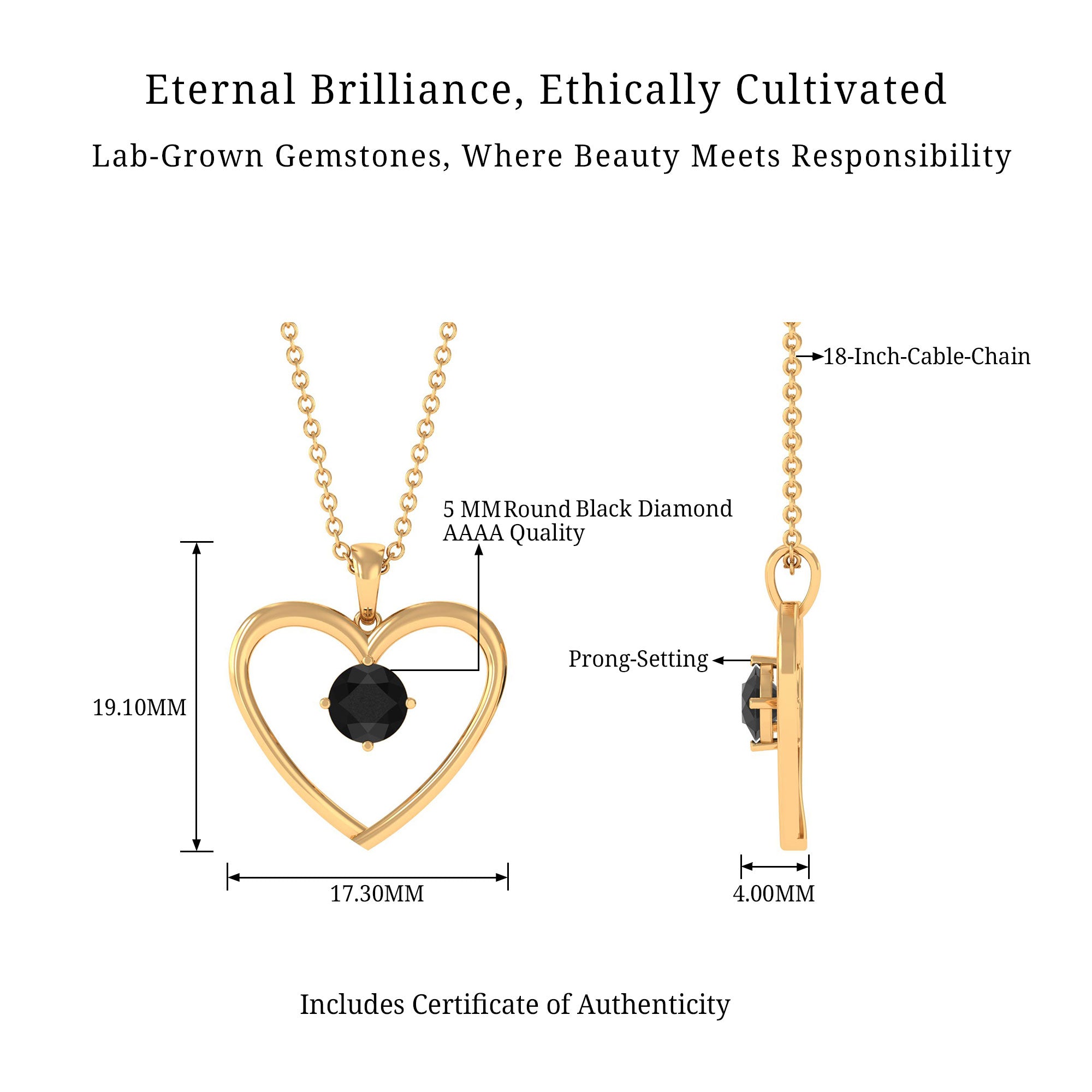 Vibrant Grown Labs-Minimal Heart Pendant Necklace with Lab Grown Black Diamond