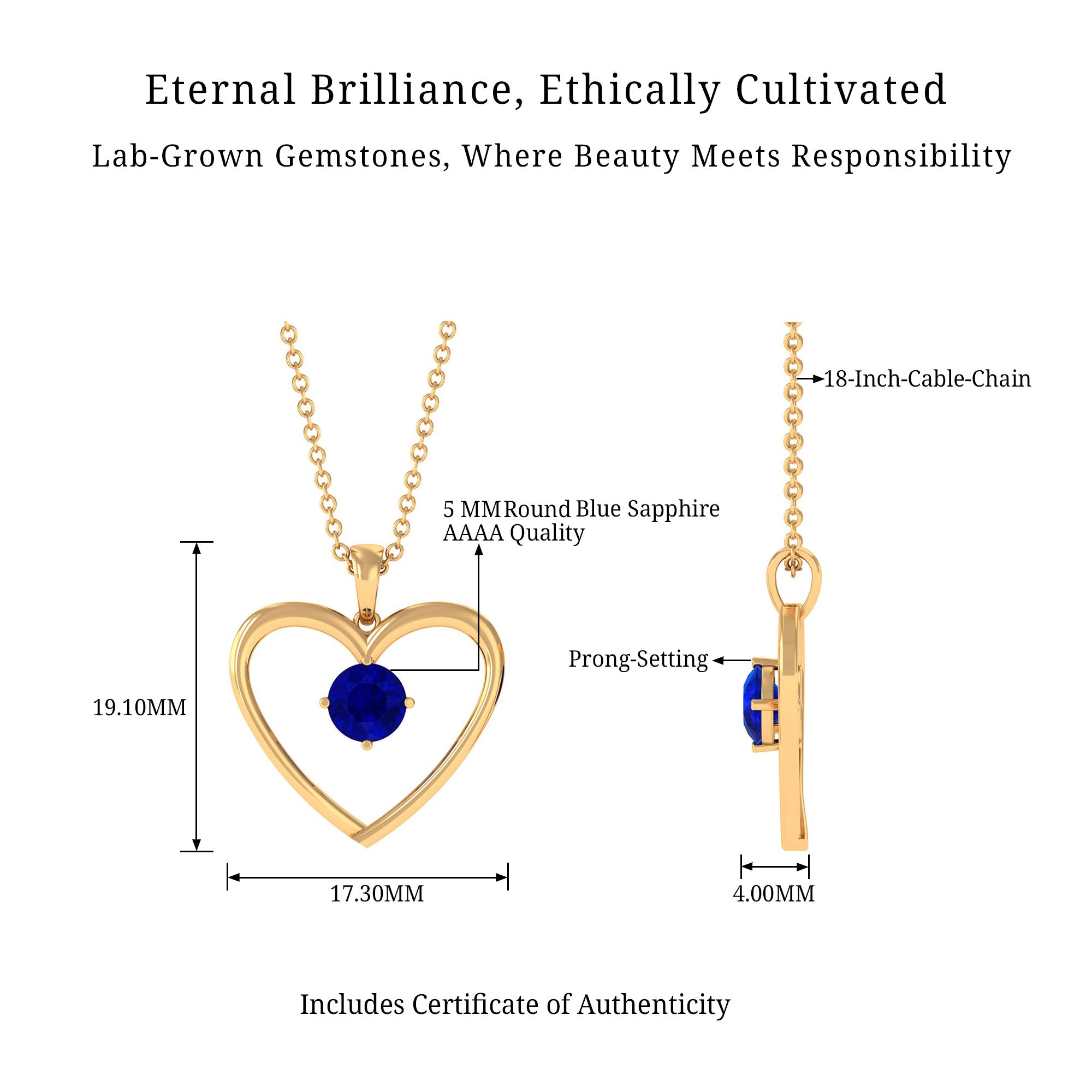 Vibrant Grown Labs-Lab Grown Blue Sapphire Open Heart Pendant Necklace