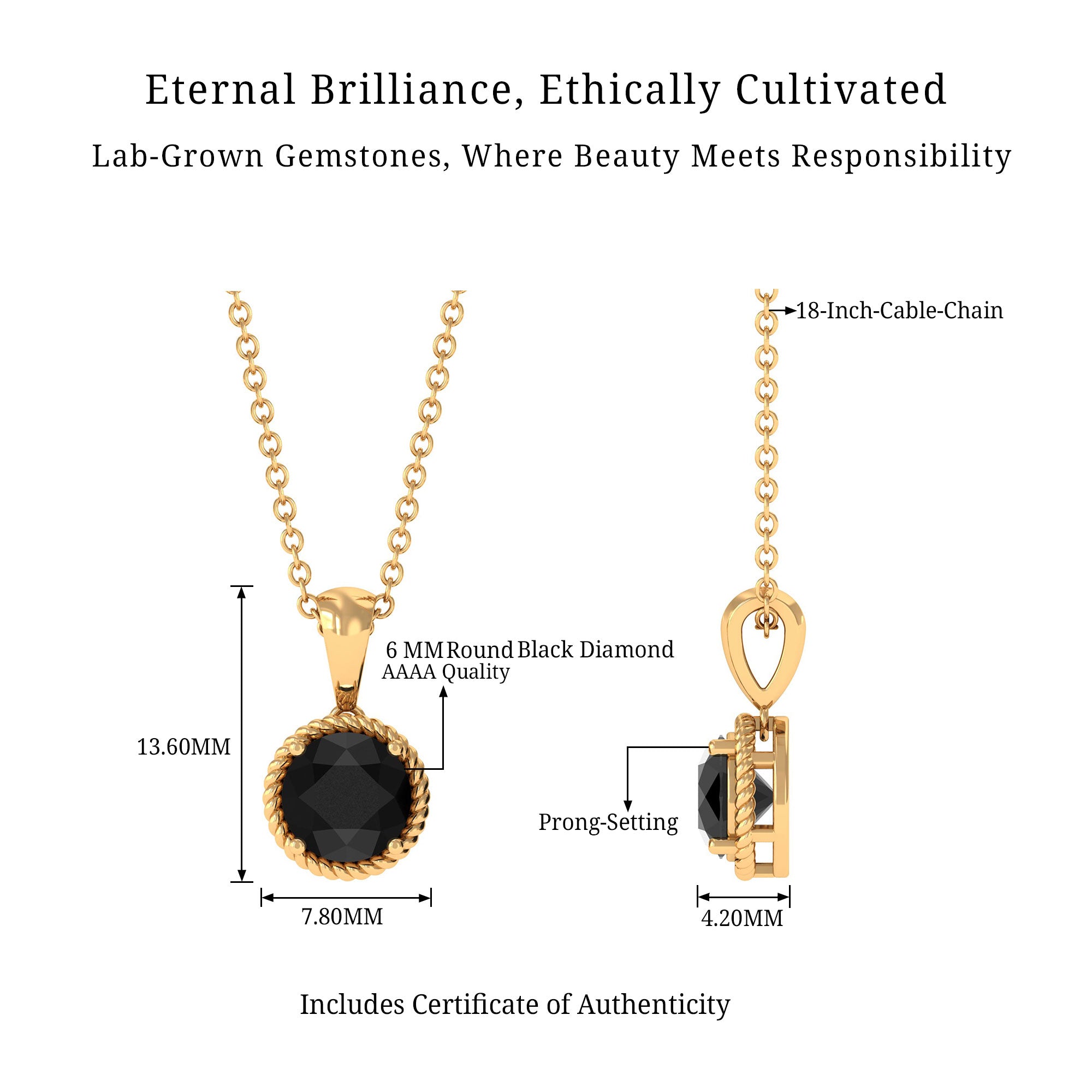 Vibrant Grown Labs-Round Shape Lab Created Black Diamond Solitaire Pendant Necklace