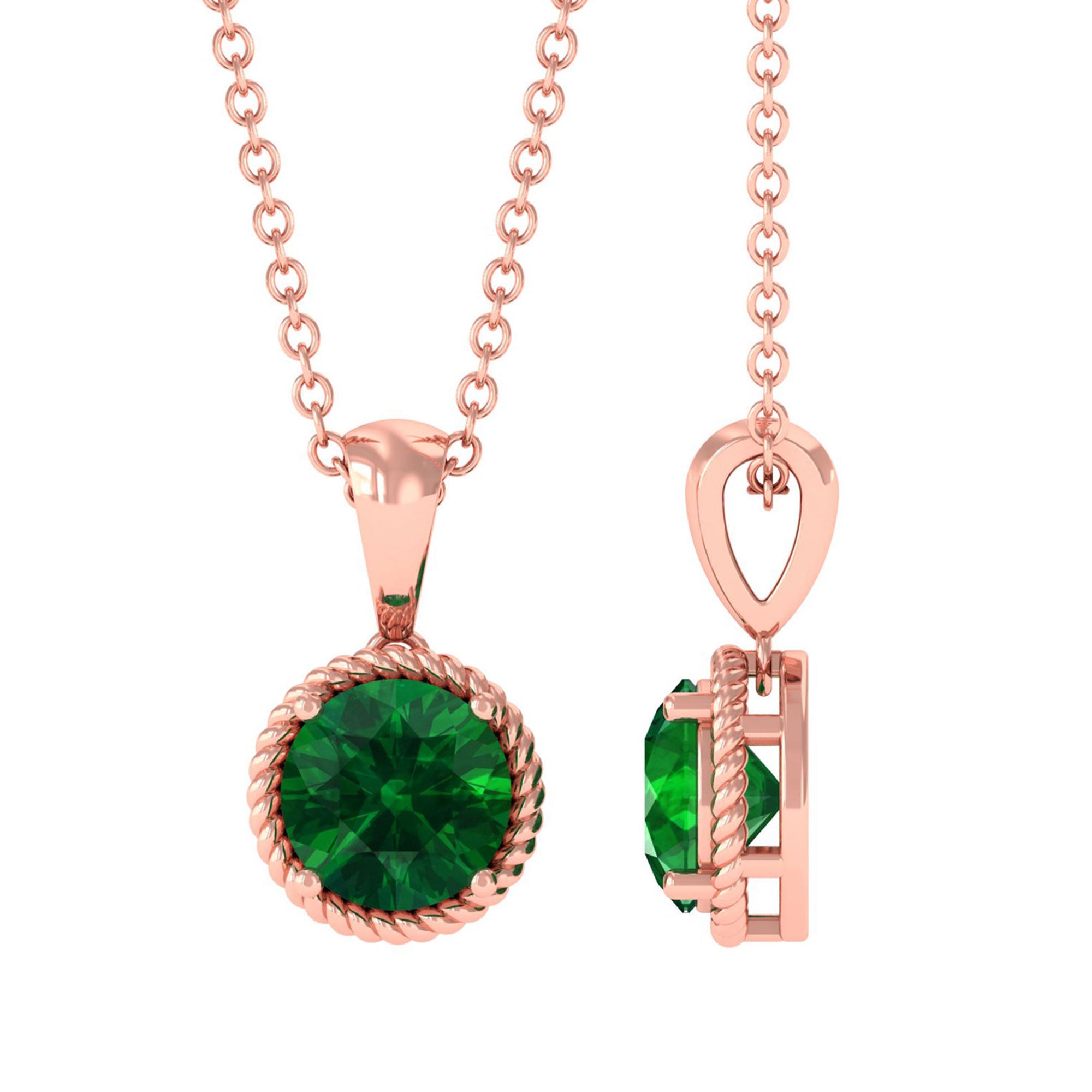 Vibrant Grown Labs-Lab Grown Emerald Solitaire Pendant Necklace with Twisted Rope