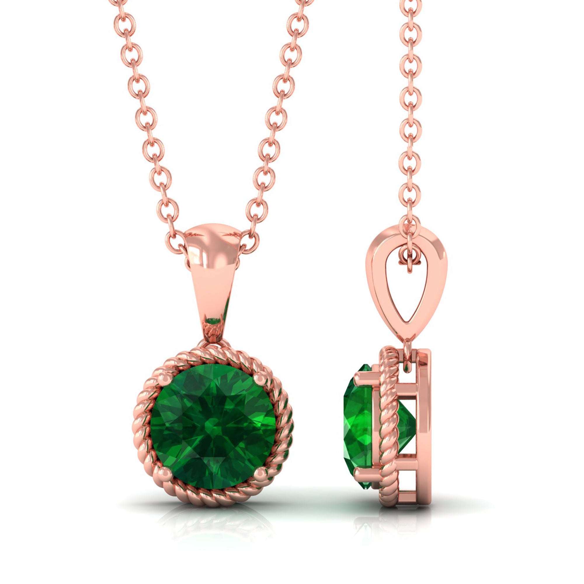 Vibrant Grown Labs-Lab Grown Emerald Solitaire Pendant Necklace with Twisted Rope