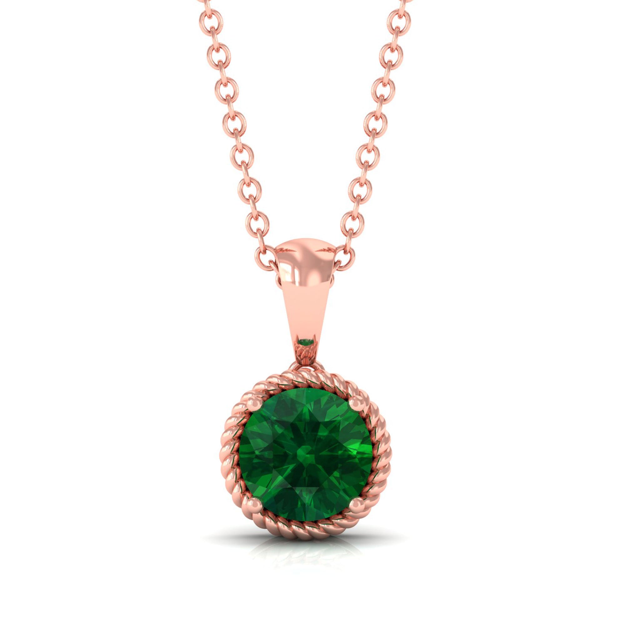 Vibrant Grown Labs-Lab Grown Emerald Solitaire Pendant Necklace with Twisted Rope