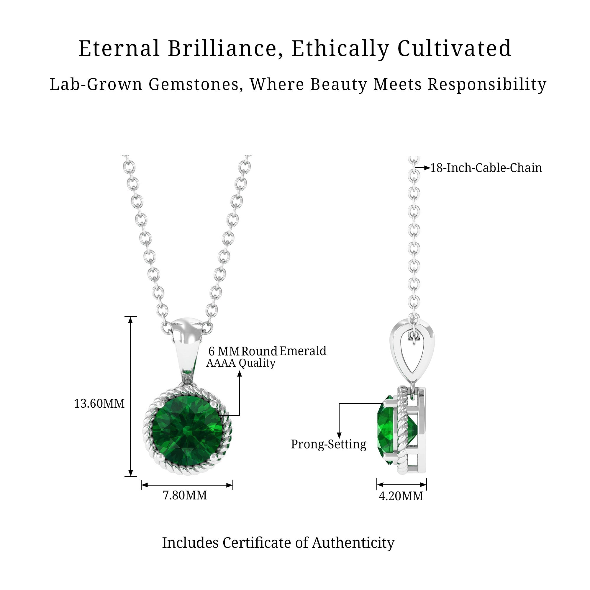 Vibrant Grown Labs-Lab Grown Emerald Solitaire Pendant Necklace with Twisted Rope