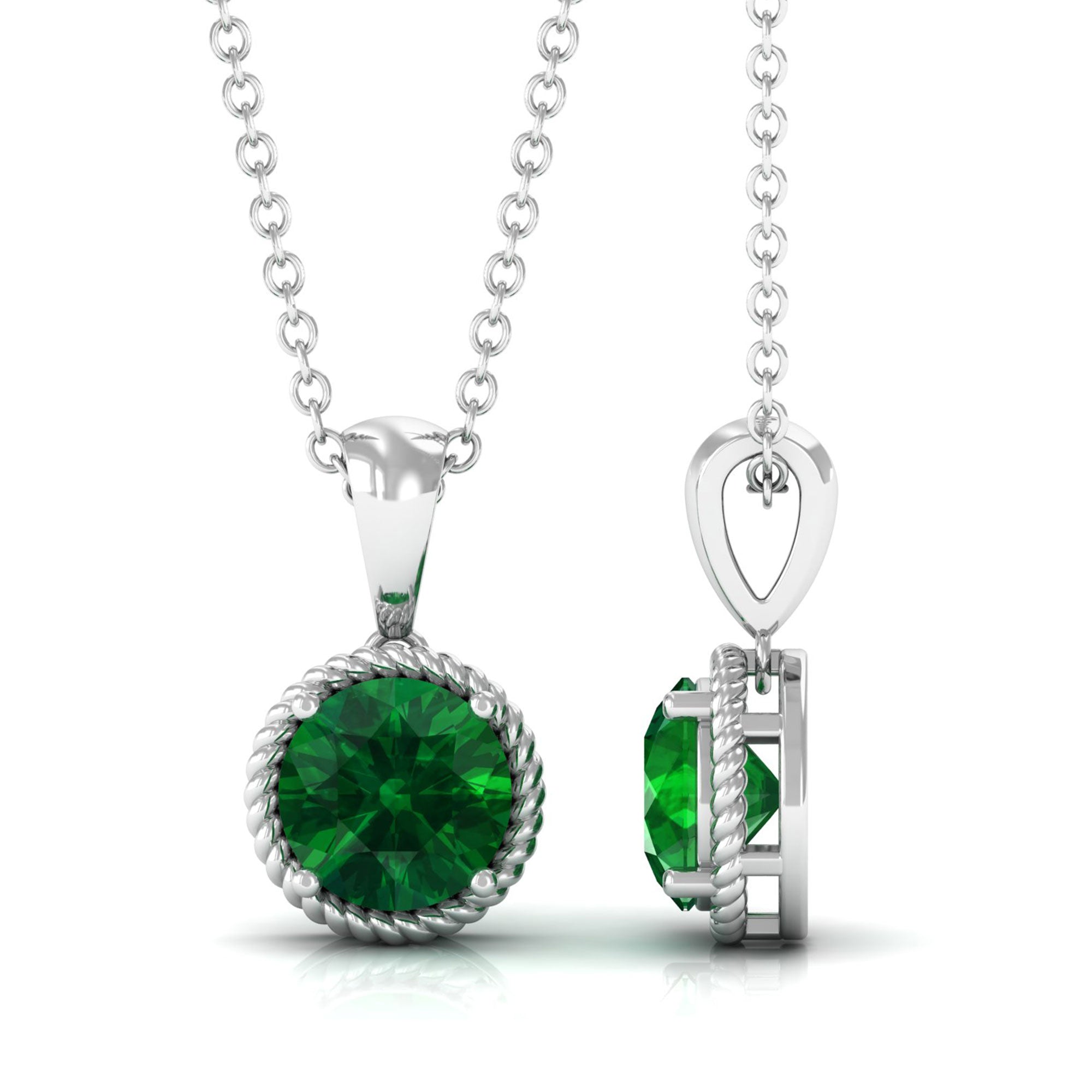 Vibrant Grown Labs-Lab Grown Emerald Solitaire Pendant Necklace with Twisted Rope