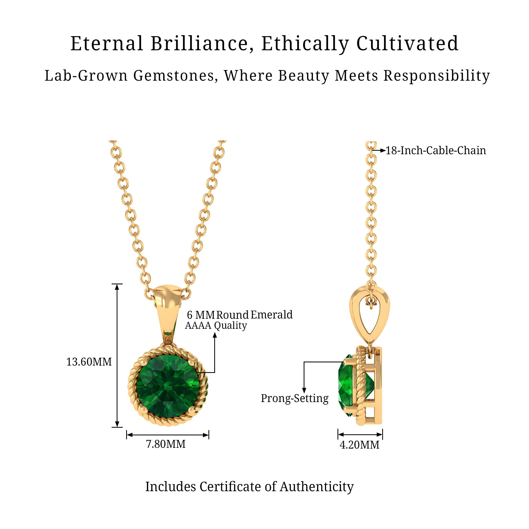 Vibrant Grown Labs-Lab Grown Emerald Solitaire Pendant Necklace with Twisted Rope