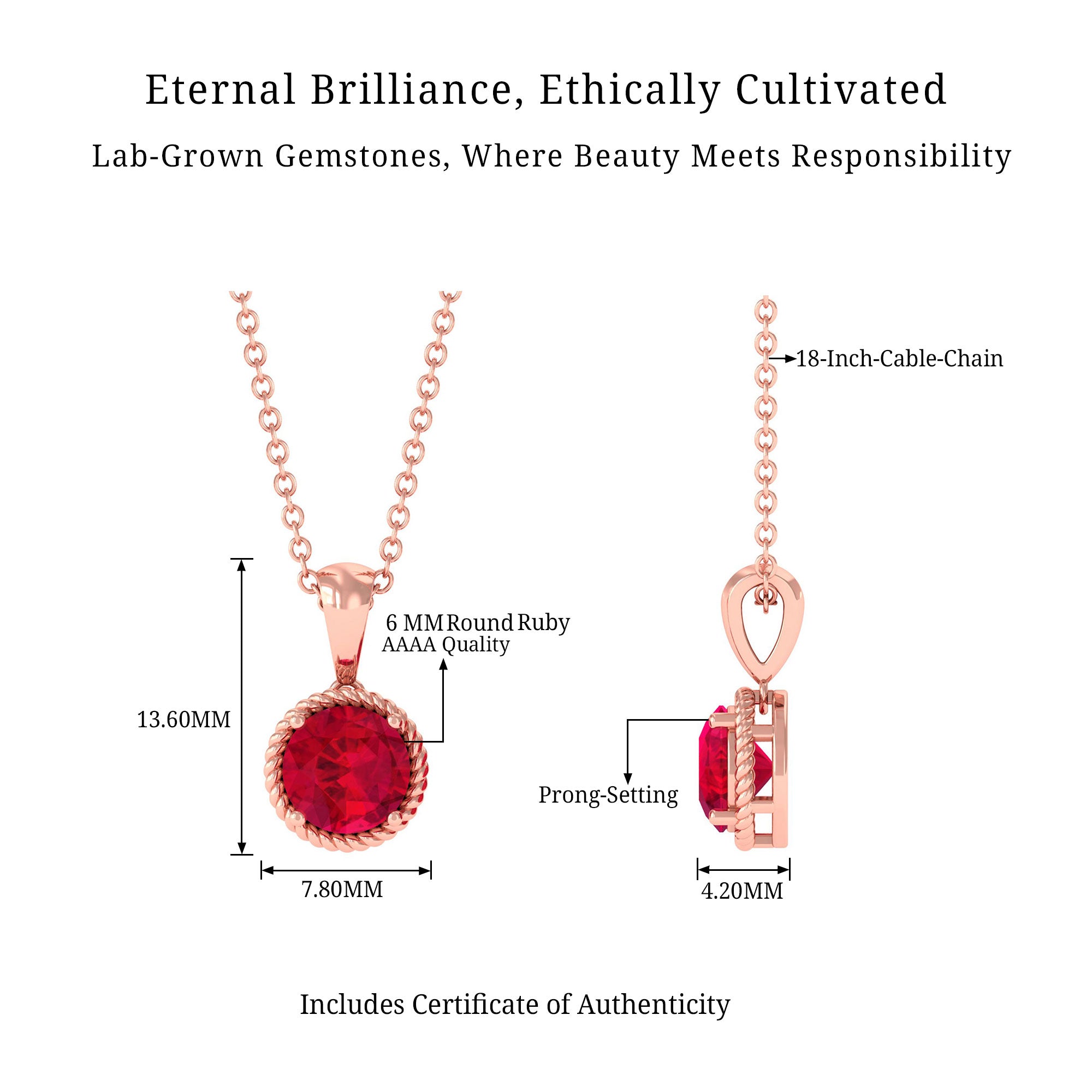 Vibrant Grown Labs-Round Solitaire Pendant Necklace with Lab Grown Ruby