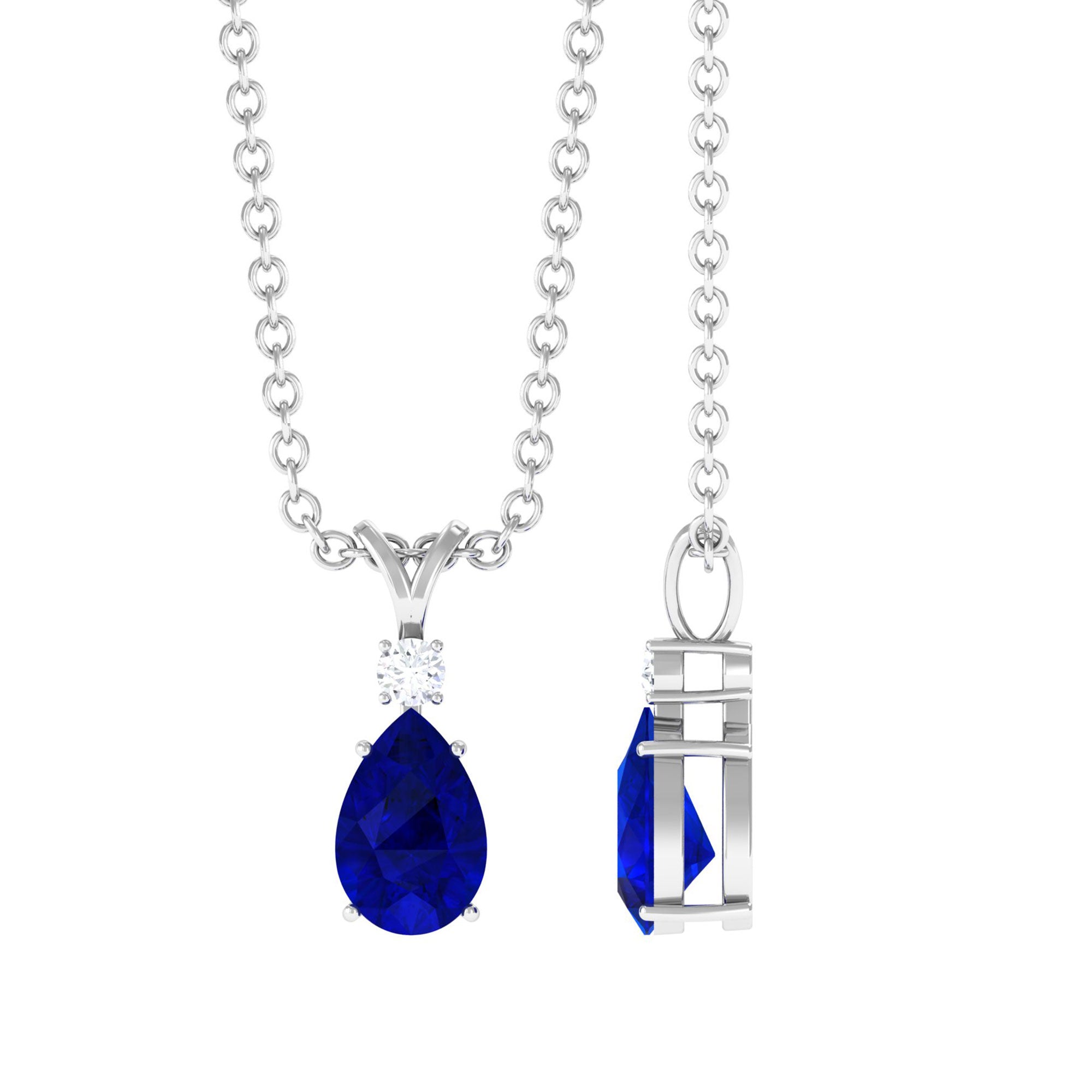 Vibrant Grown Labs-Pear Shaped Lab Grown Blue Sapphire Pendant Necklace