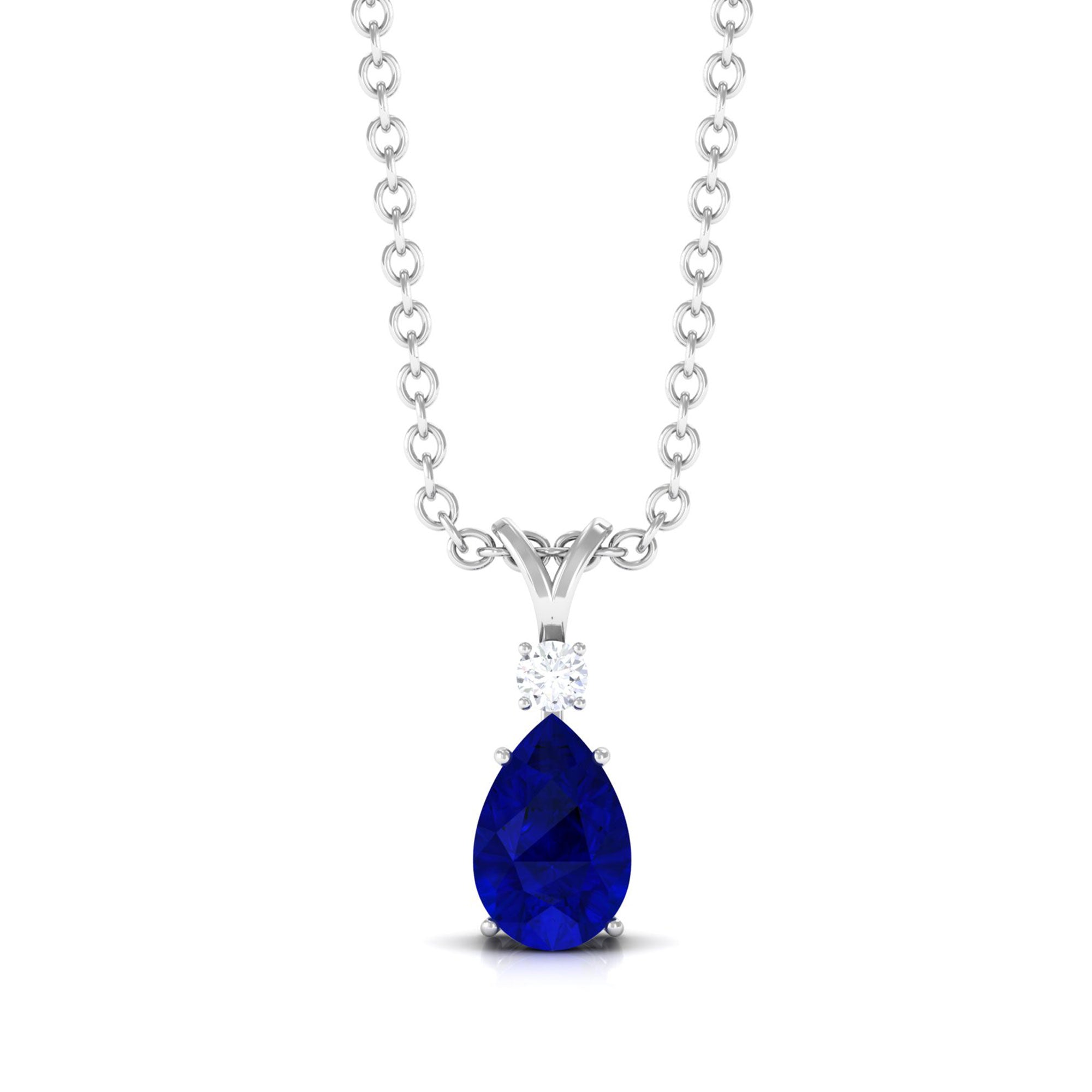 Vibrant Grown Labs-Pear Shaped Lab Grown Blue Sapphire Pendant Necklace