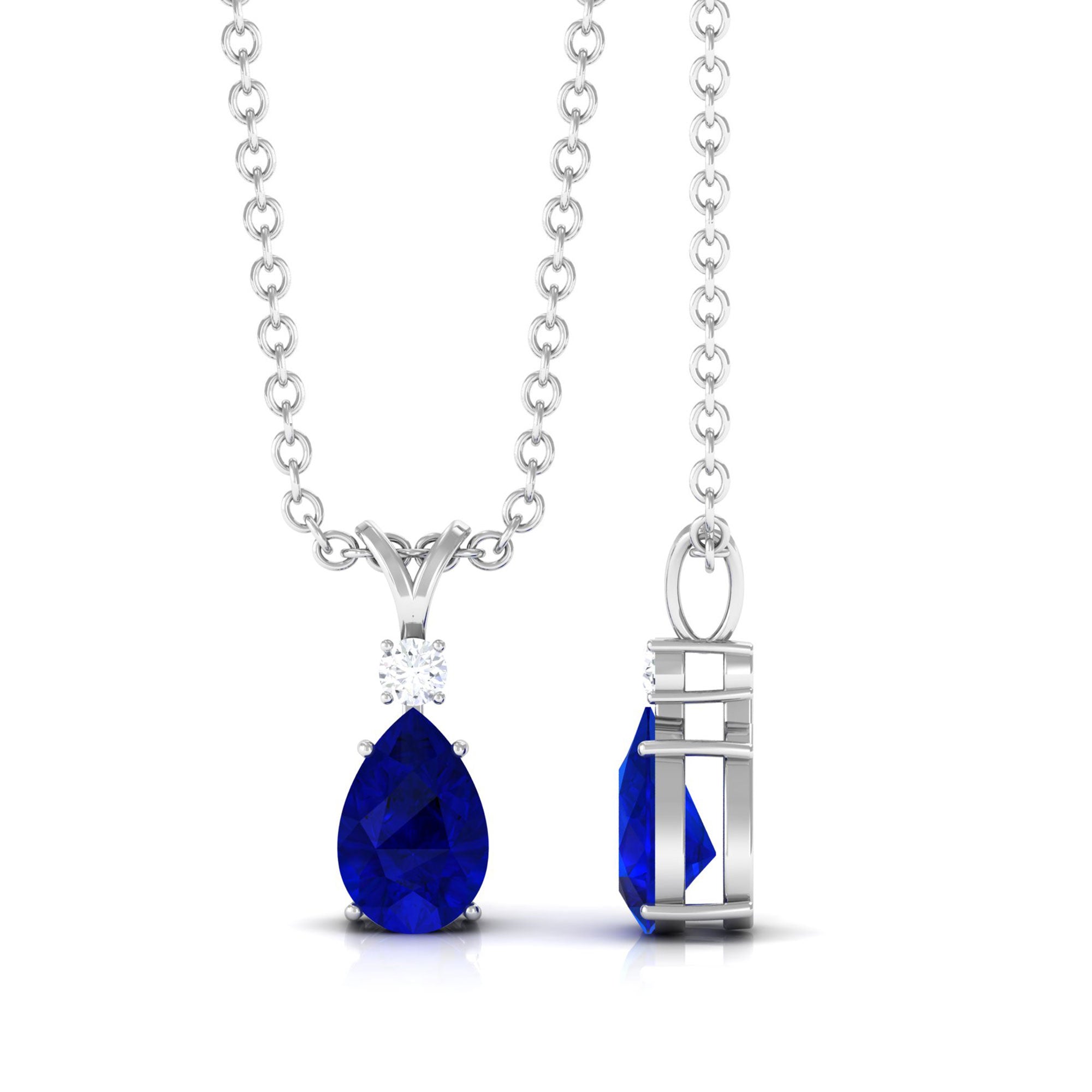 Vibrant Grown Labs-Pear Shaped Lab Grown Blue Sapphire Pendant Necklace