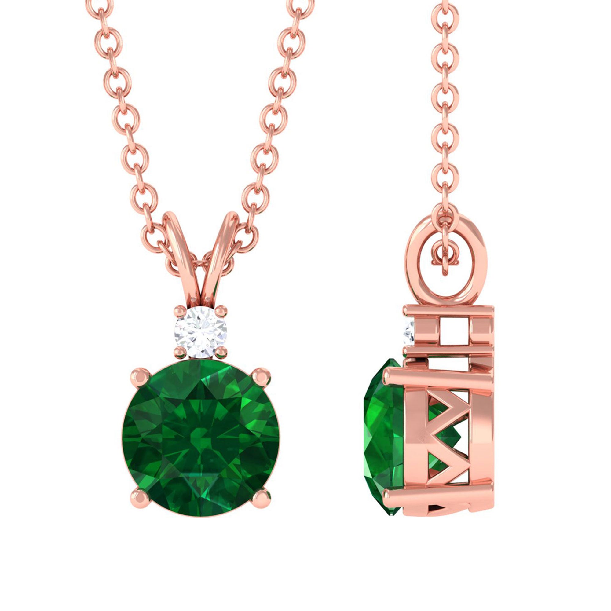 Vibrant Grown Labs-Lab Grown Emerald Solitaire Pendant Necklace with Diamond