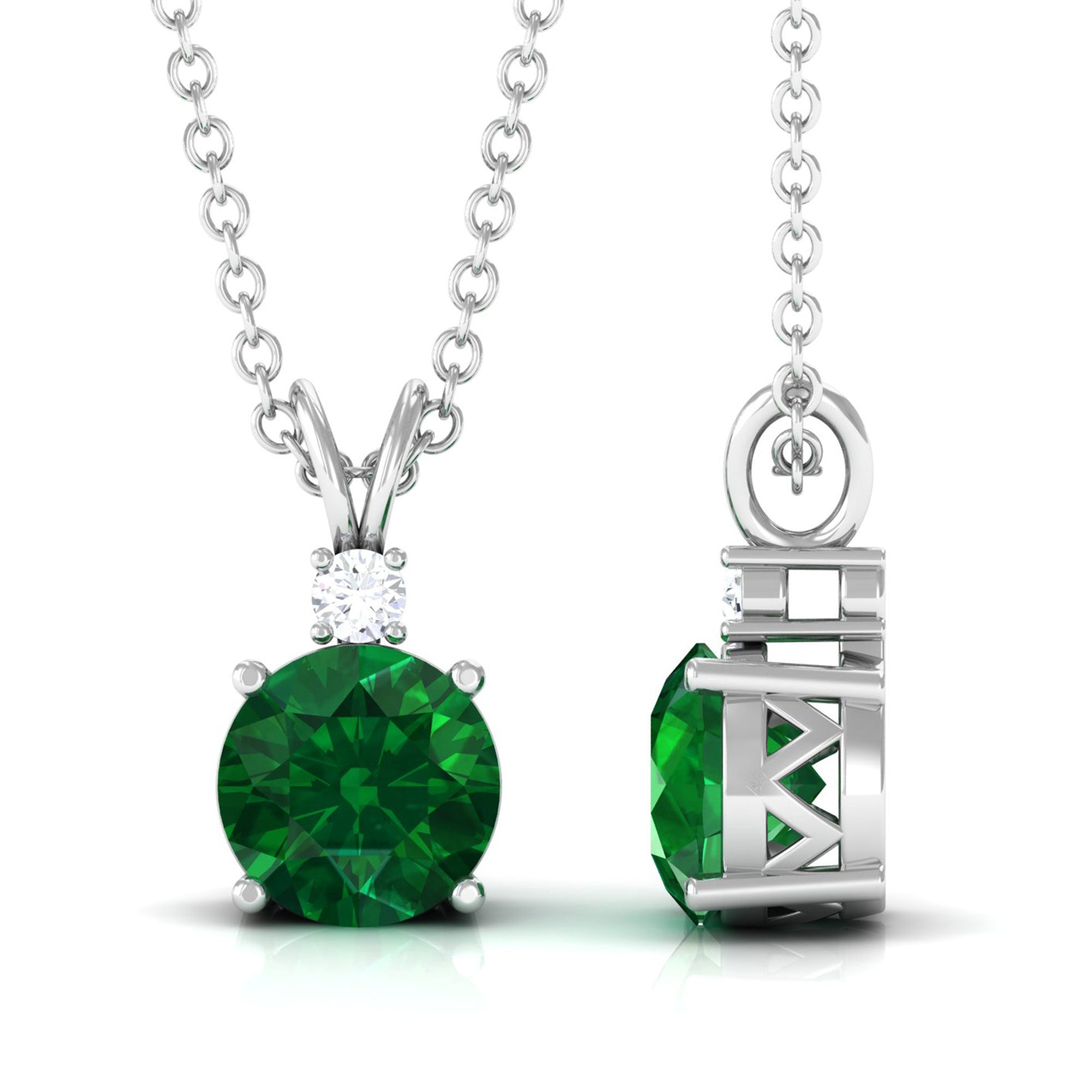 Vibrant Grown Labs-Lab Grown Emerald Solitaire Pendant Necklace with Diamond