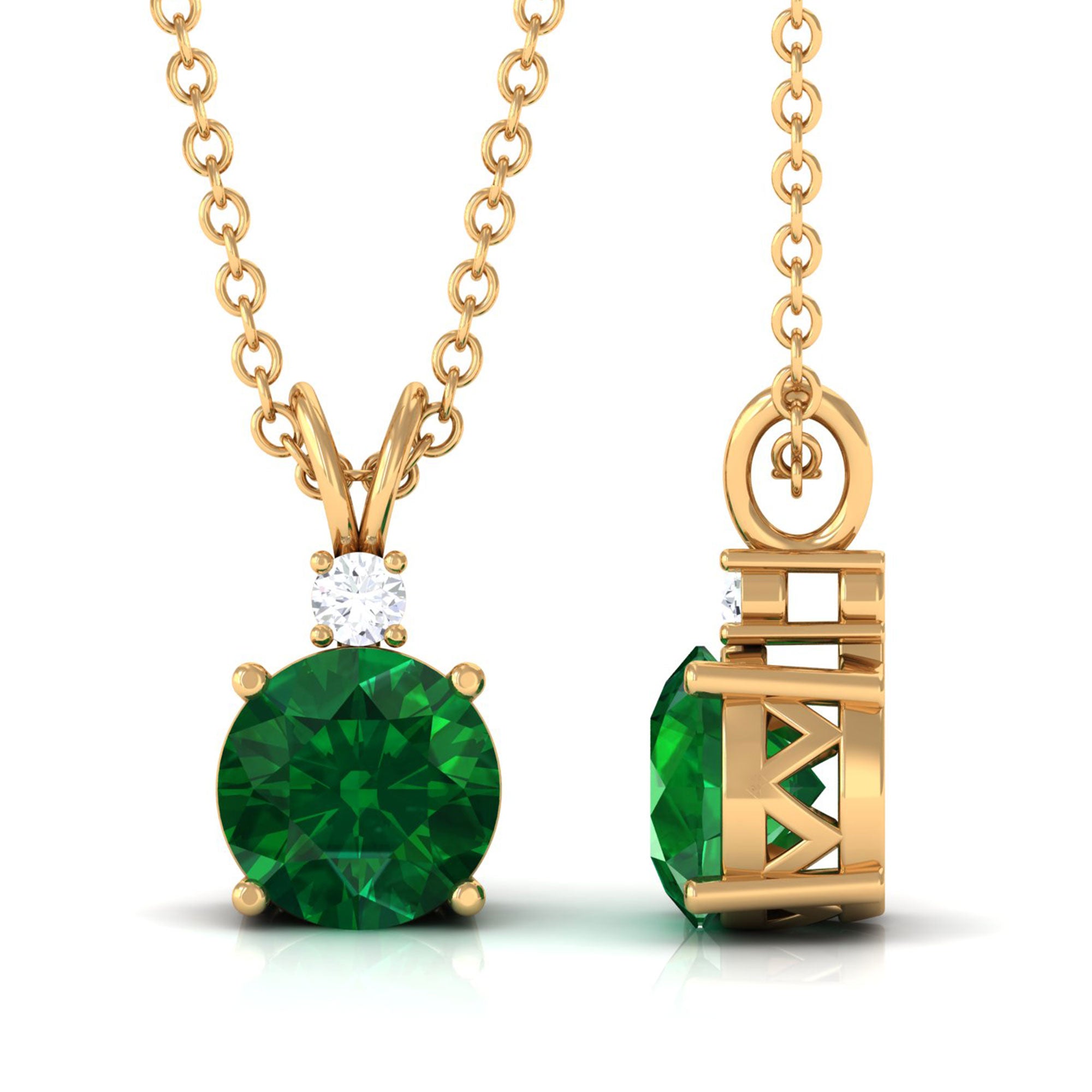 Vibrant Grown Labs-Lab Grown Emerald Solitaire Pendant Necklace with Diamond