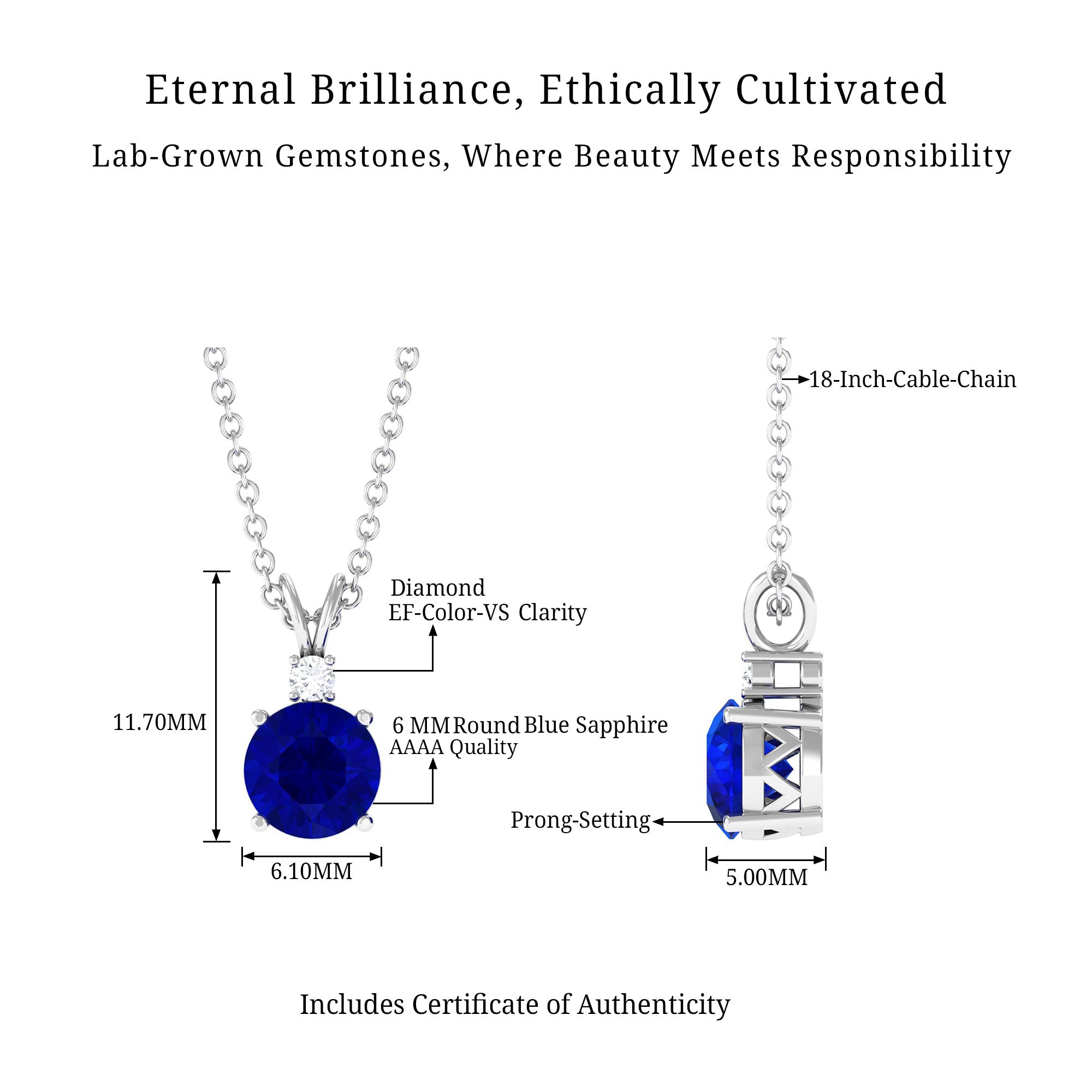 Vibrant Grown Labs-Lab Grown Blue Sapphire Solitaire Pendant Necklace