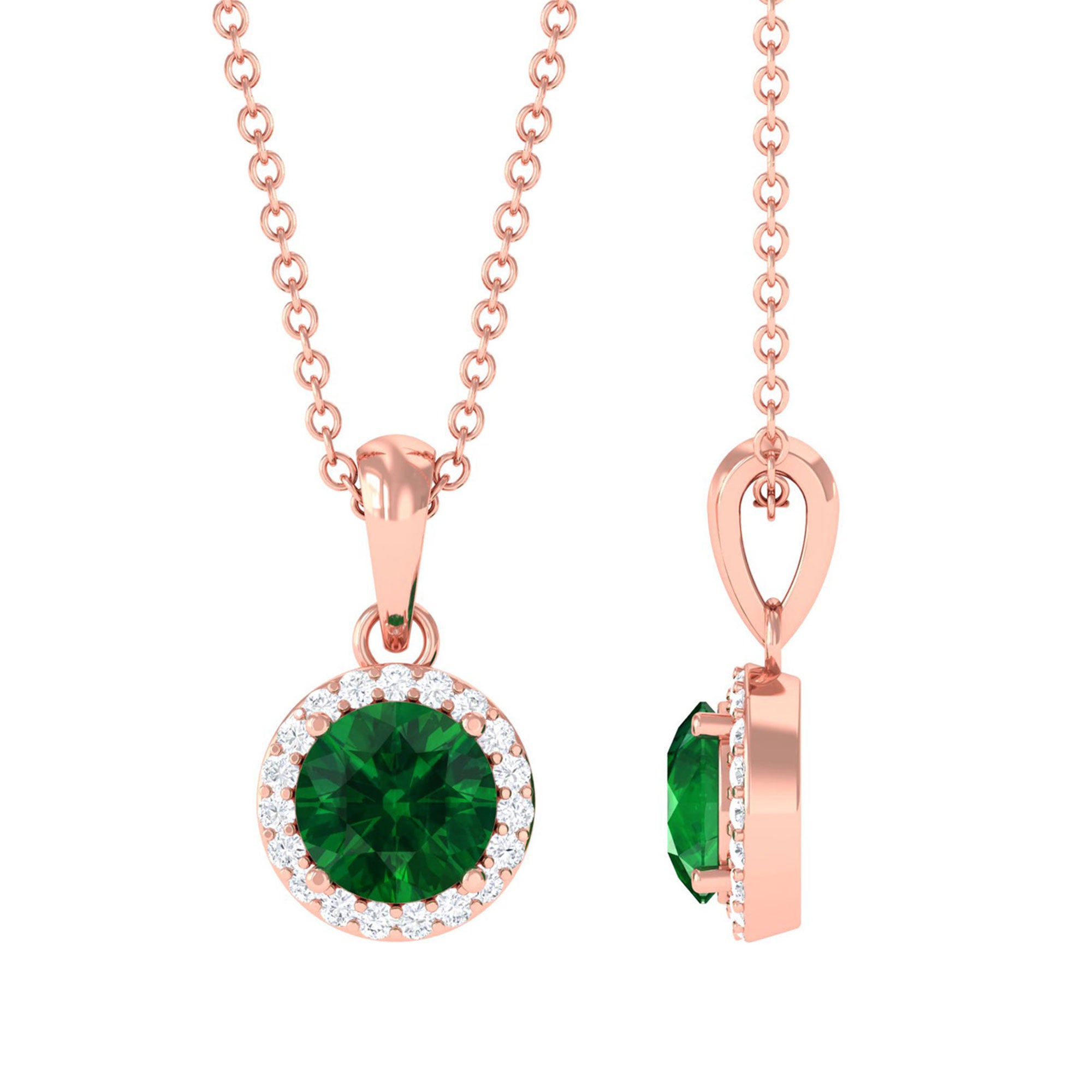 Vibrant Grown Labs-Lab Grown Emerald Classic Halo Pendant Necklace with Diamond