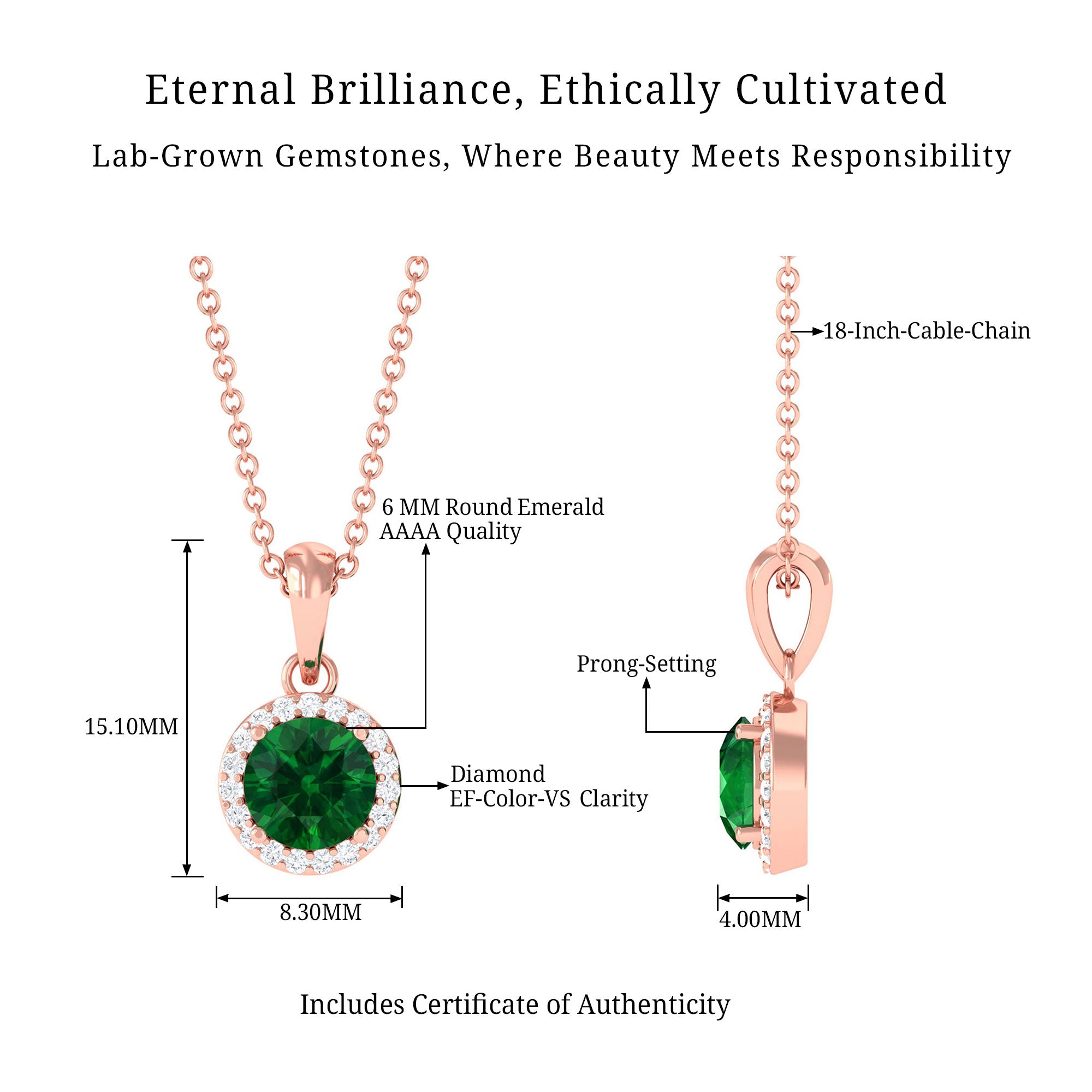 Vibrant Grown Labs-Lab Grown Emerald Classic Halo Pendant Necklace with Diamond