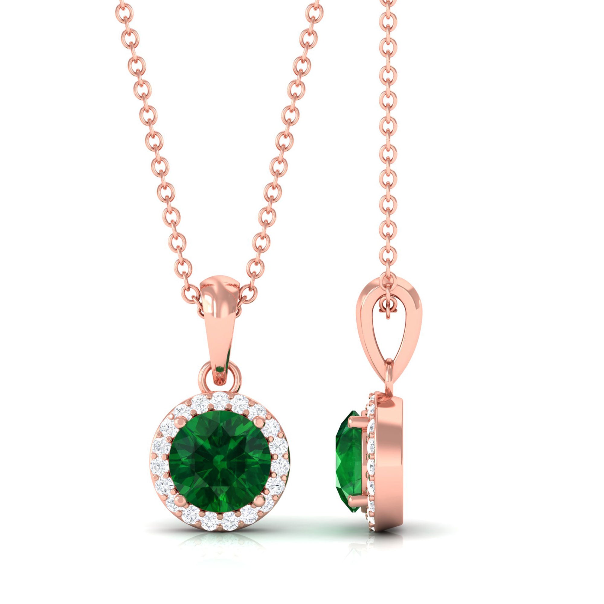 Vibrant Grown Labs-Lab Grown Emerald Classic Halo Pendant Necklace with Diamond