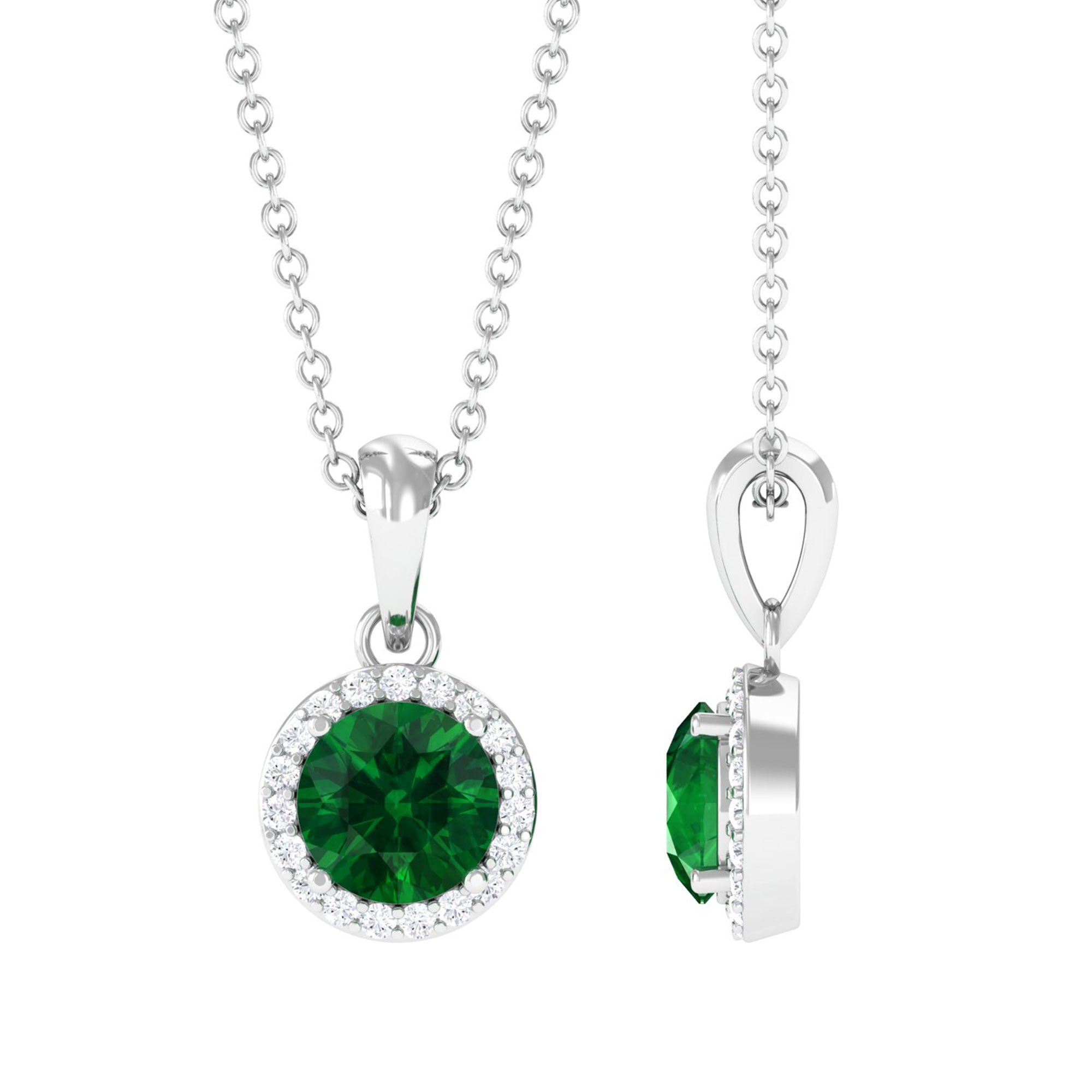 Vibrant Grown Labs-Lab Grown Emerald Classic Halo Pendant Necklace with Diamond