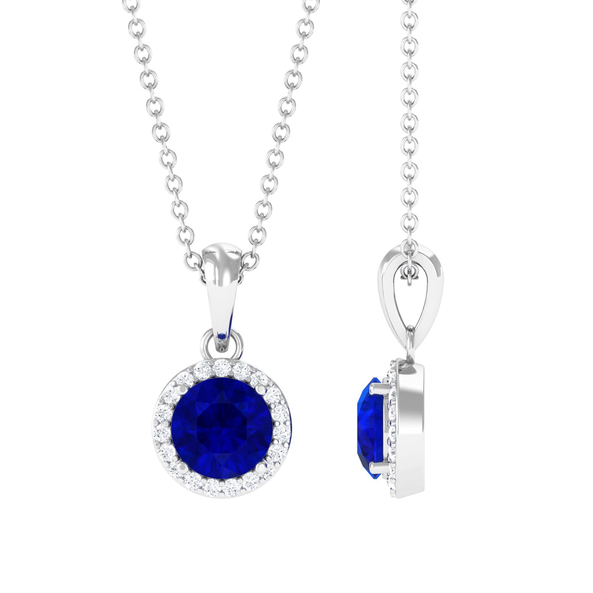 Vibrant Grown Labs-Lab Grown Blue Sapphire Pendant Necklace With Halo