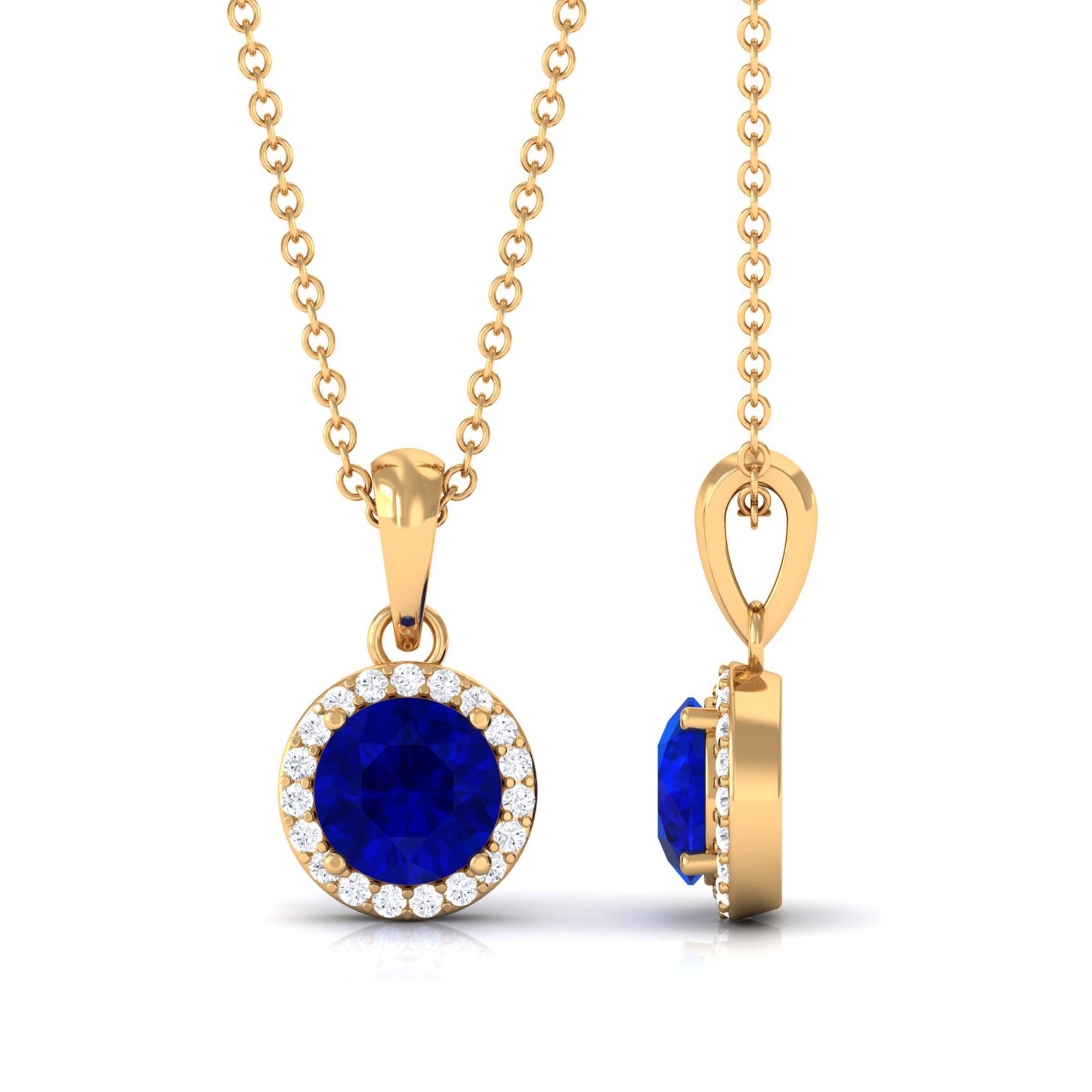 Vibrant Grown Labs-Lab Grown Blue Sapphire Pendant Necklace With Halo