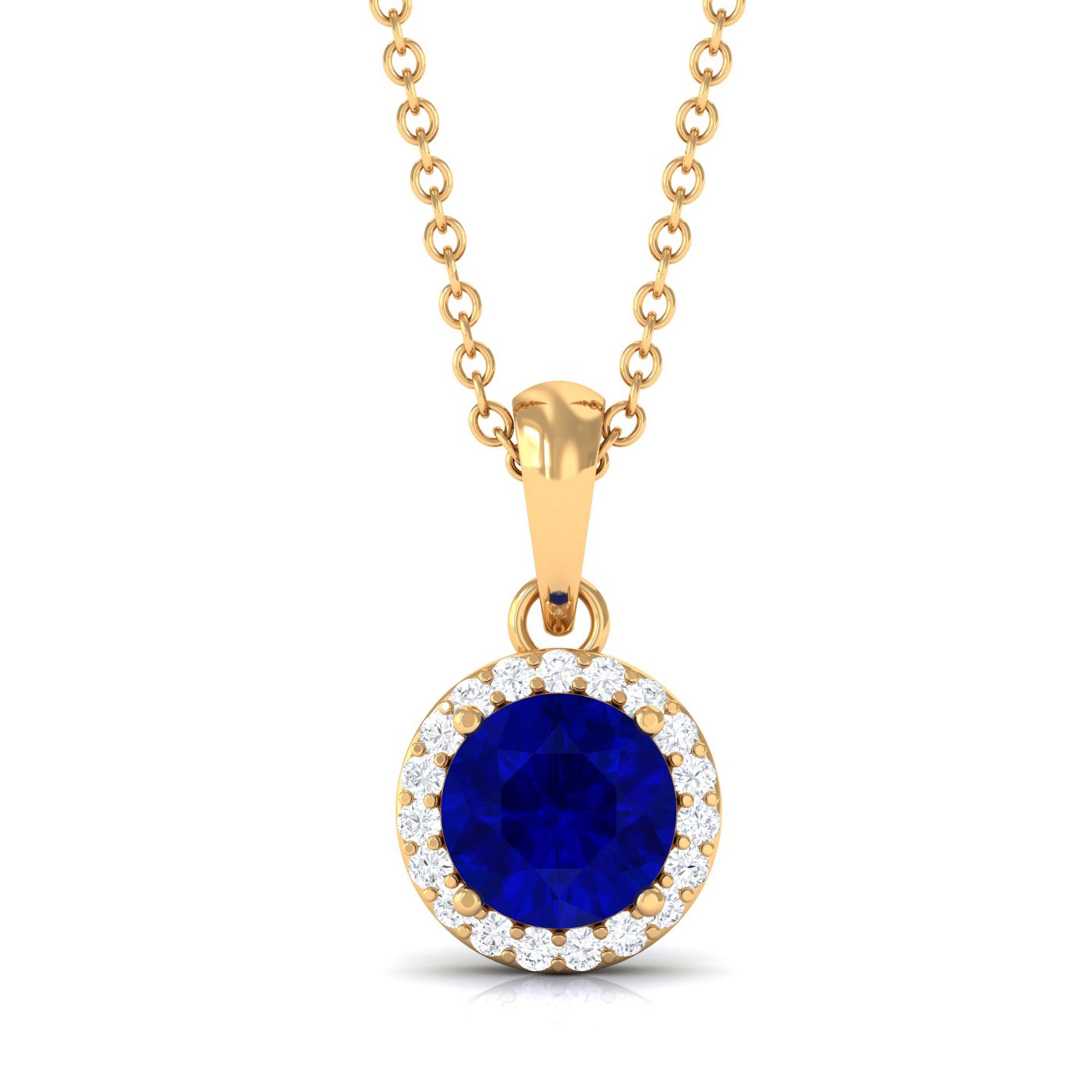 Vibrant Grown Labs-Lab Grown Blue Sapphire Pendant Necklace With Halo